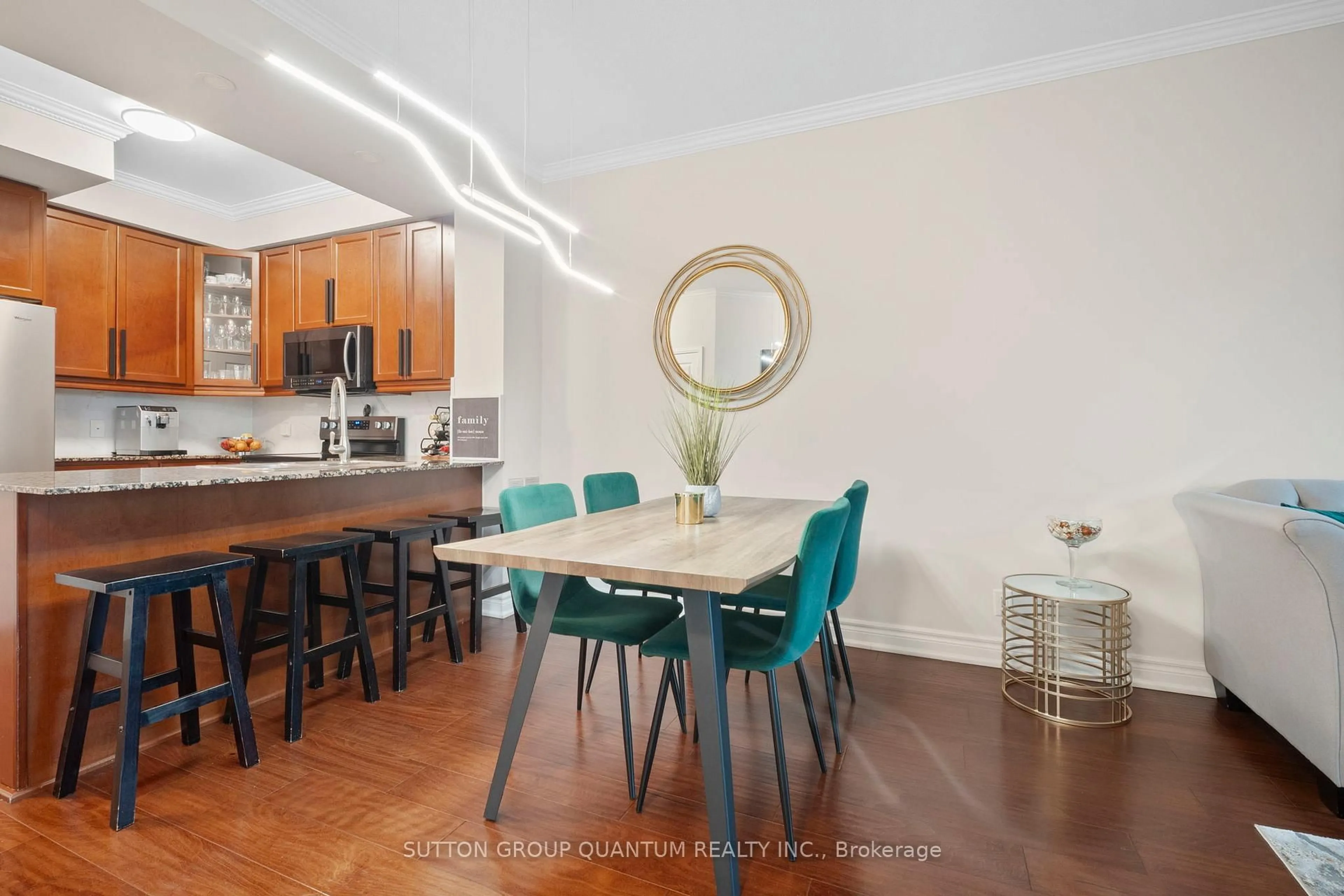 Open concept kitchen, wood/laminate floor for 90 Absolute Ave #302, Mississauga Ontario L4Z 0A3