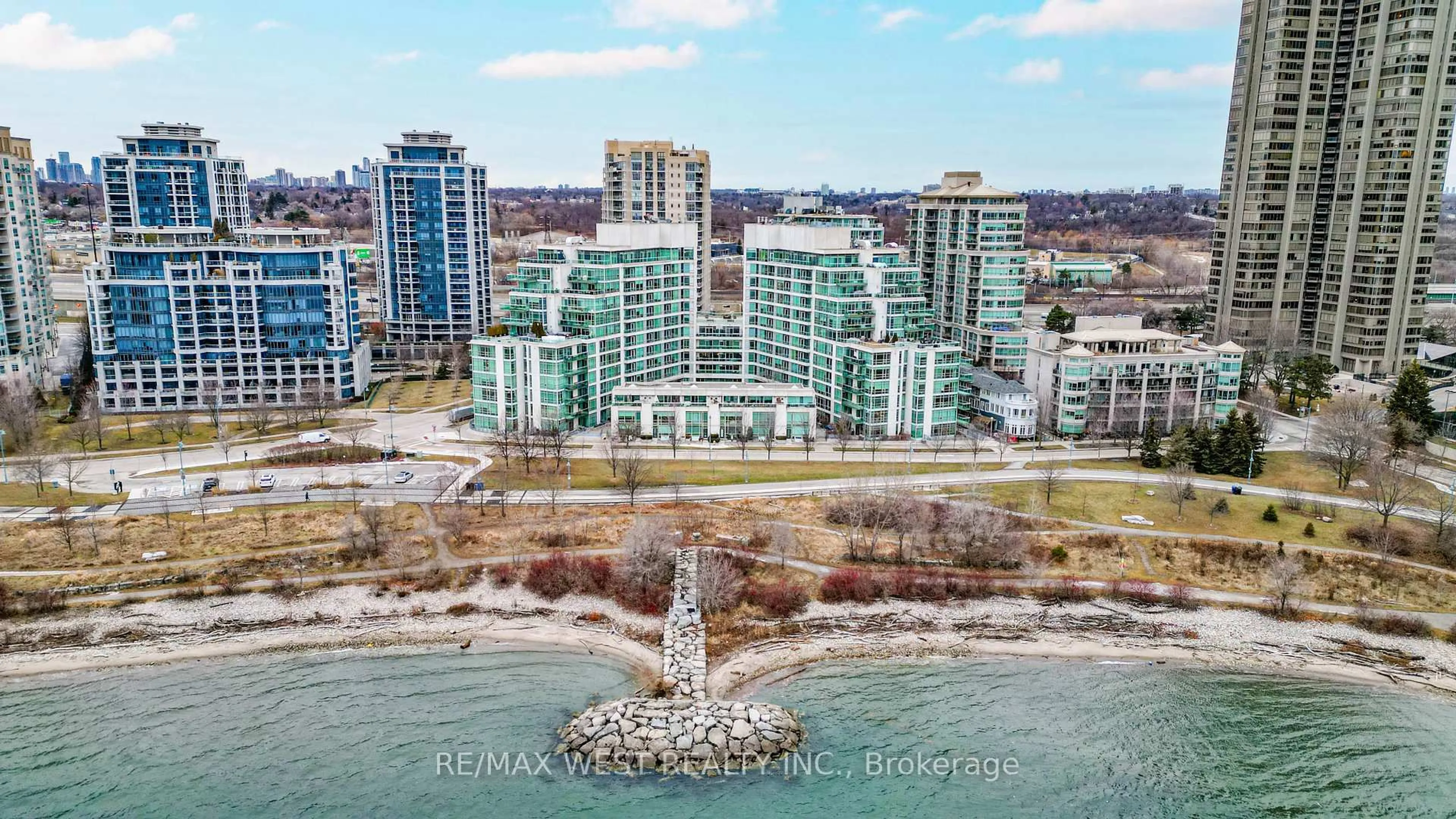A pic from outside/outdoor area/front of a property/back of a property/a pic from drone, water/lake/river/ocean view for 5 Marine Parade Dr #319, Toronto Ontario M8V 4B4