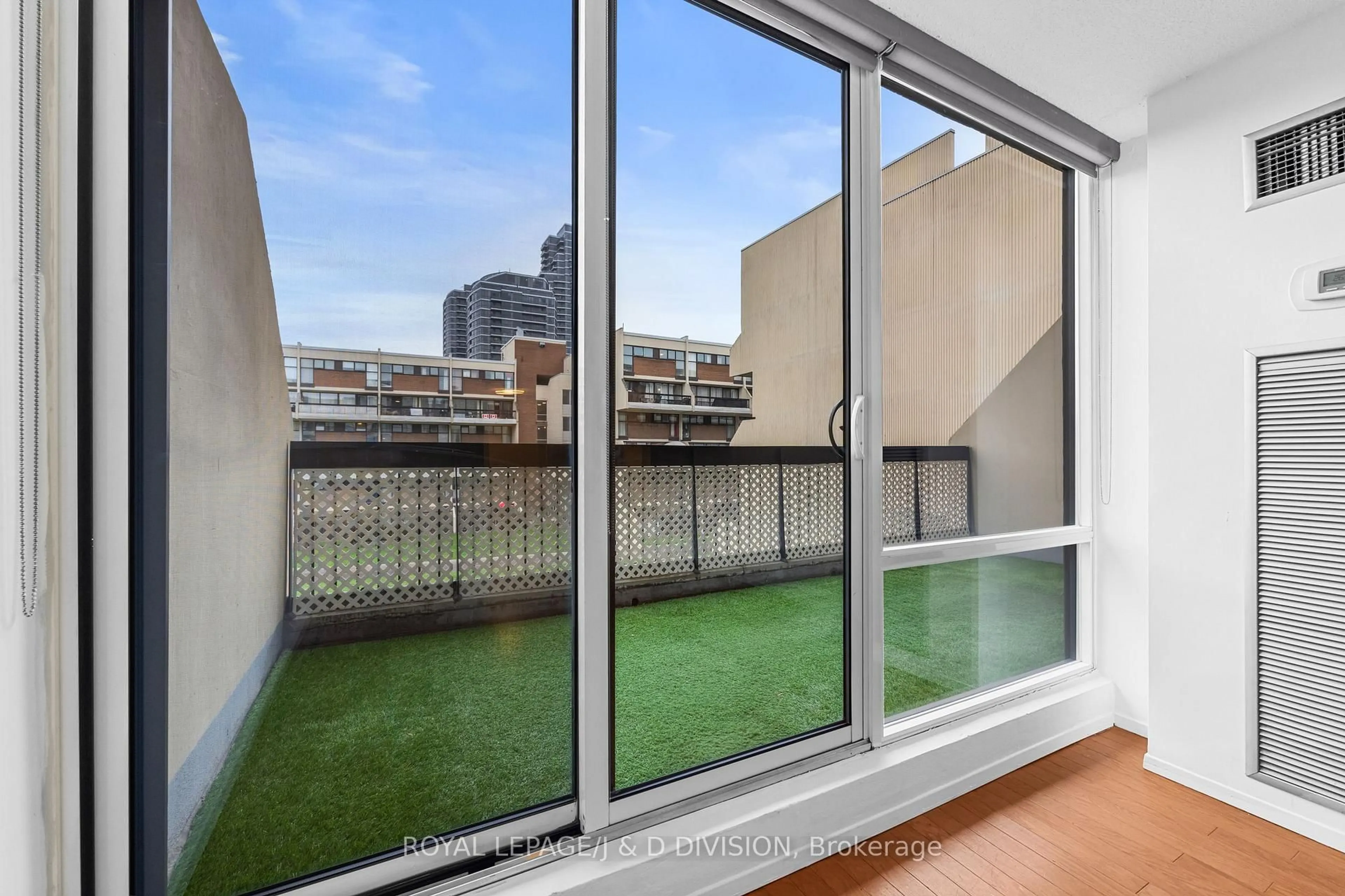 Balcony in the apartment, city buildings view from balcony for 364 The East Mall #221B, Toronto Ontario M9B 6C5