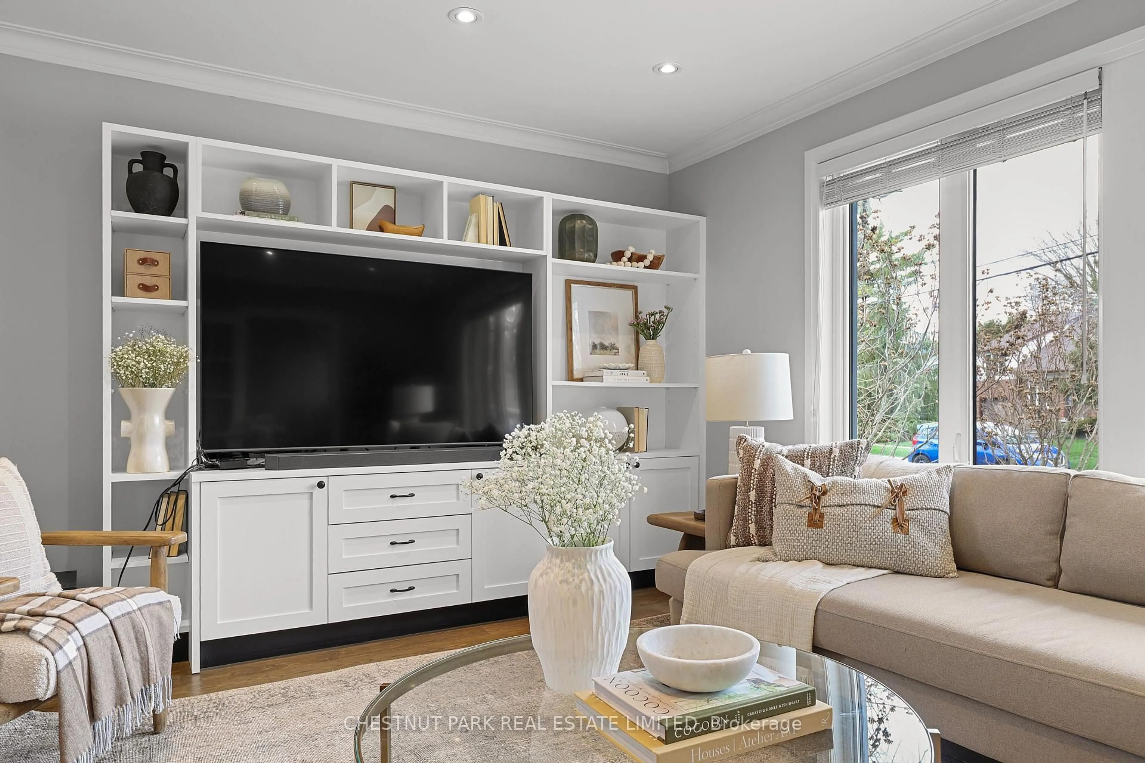 Living room with furniture, wood/laminate floor for 27 Cedarcrest Dr, Toronto Ontario M9A 2V4