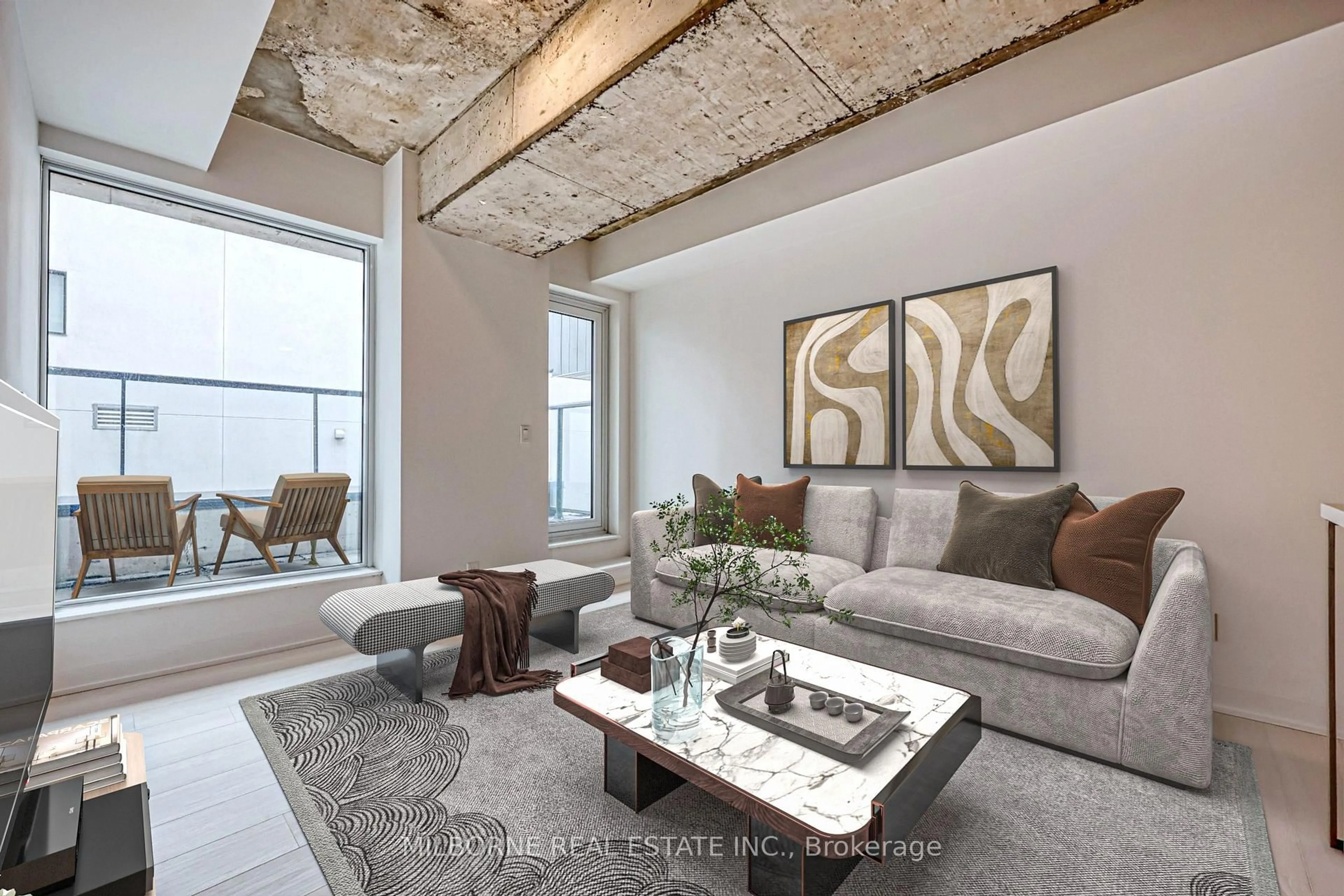 Living room with furniture, cement floor for 57 Brock Ave #104, Toronto Ontario M3H 3N2