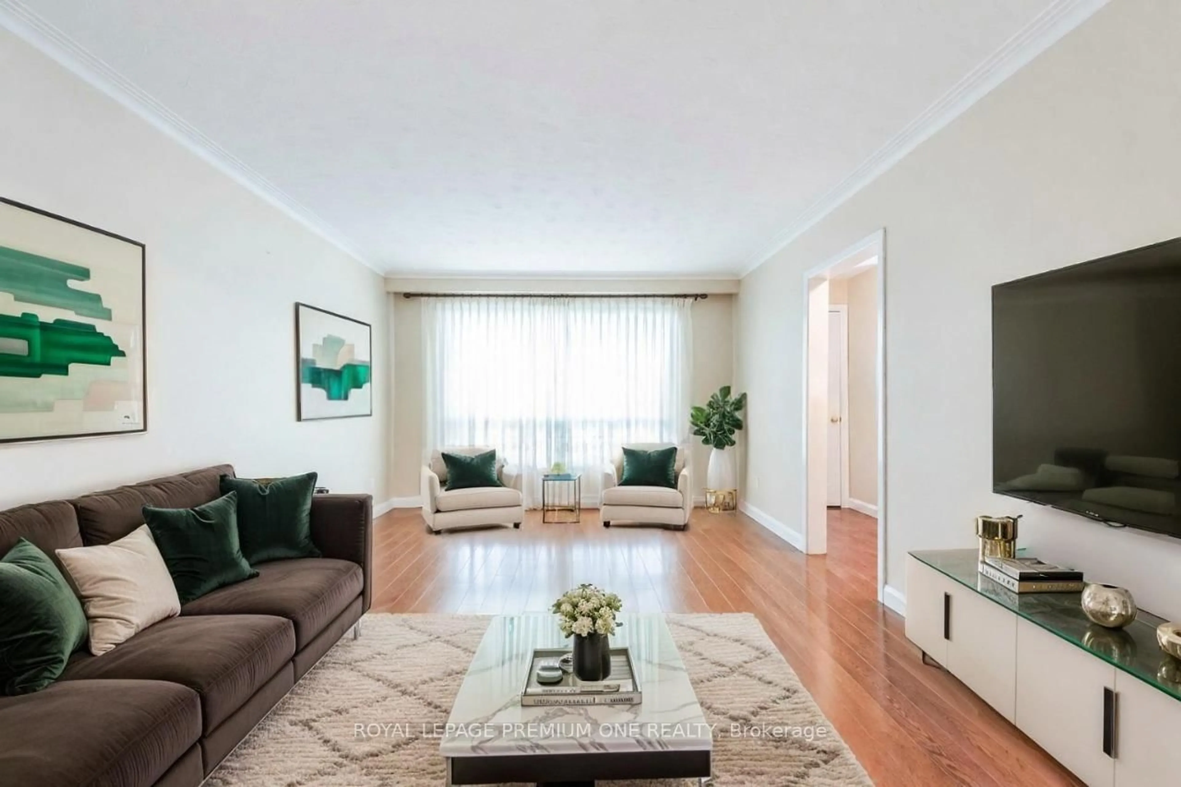 Living room with furniture, wood/laminate floor for 63 Haverson Blvd, Toronto Ontario M6M 3J8