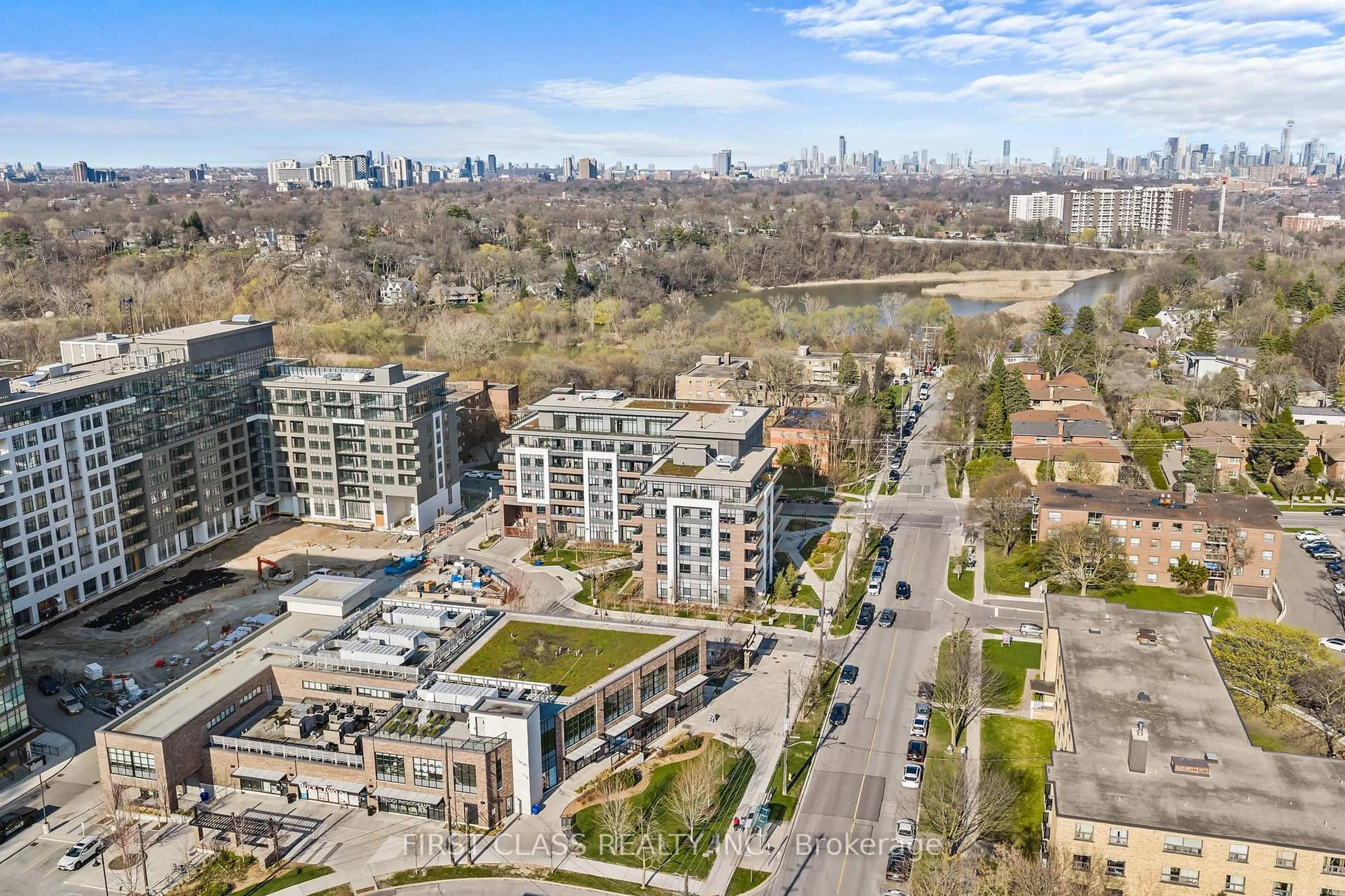 A pic from outside/outdoor area/front of a property/back of a property/a pic from drone, city buildings view from balcony for 1 Neighbourhood Lane #110, Toronto Ontario M8Y 0C2