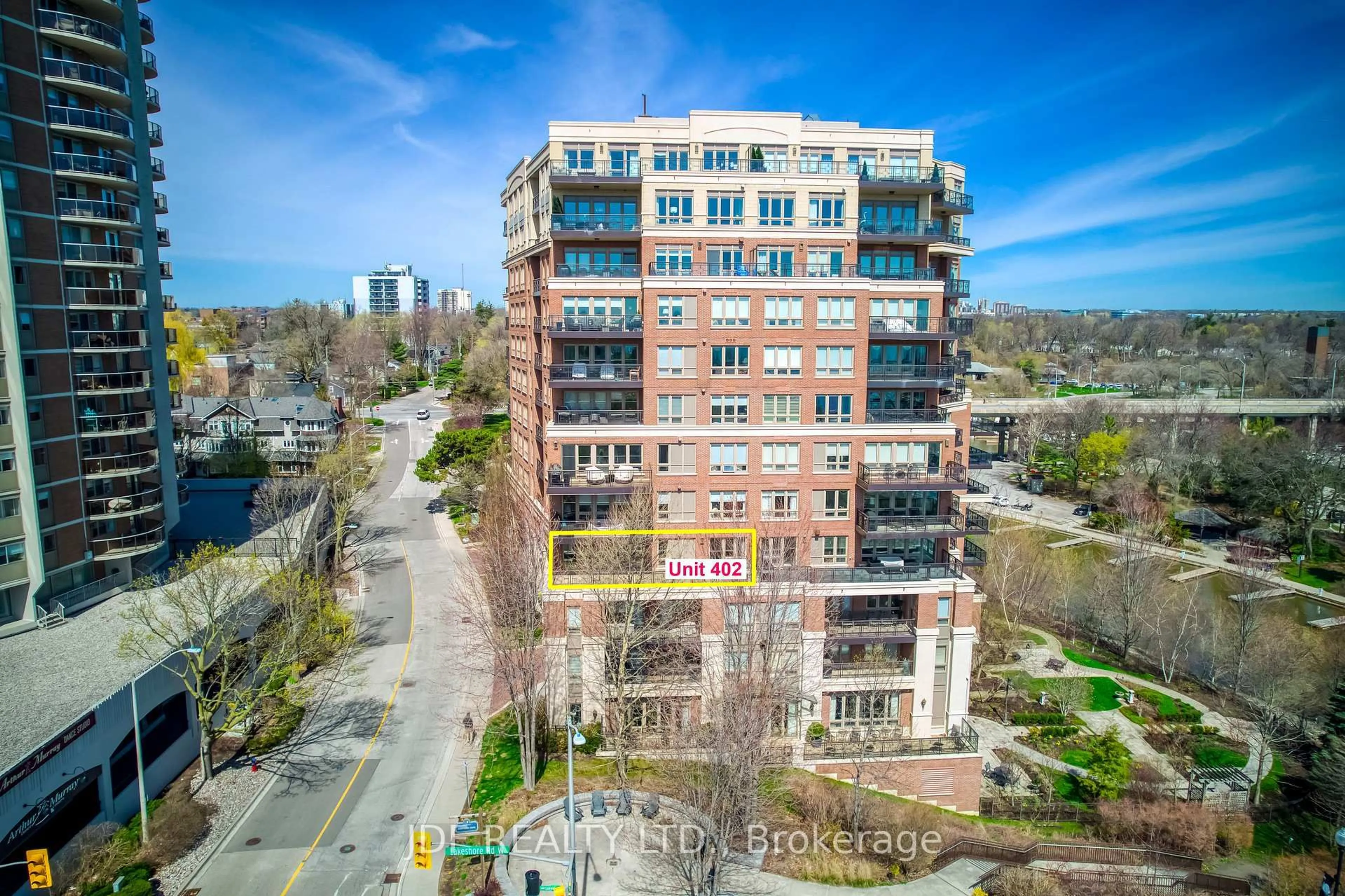 A pic from outside/outdoor area/front of a property/back of a property/a pic from drone, city buildings view from balcony for 111 Forsythe St #402, Oakville Ontario L6K 3J9