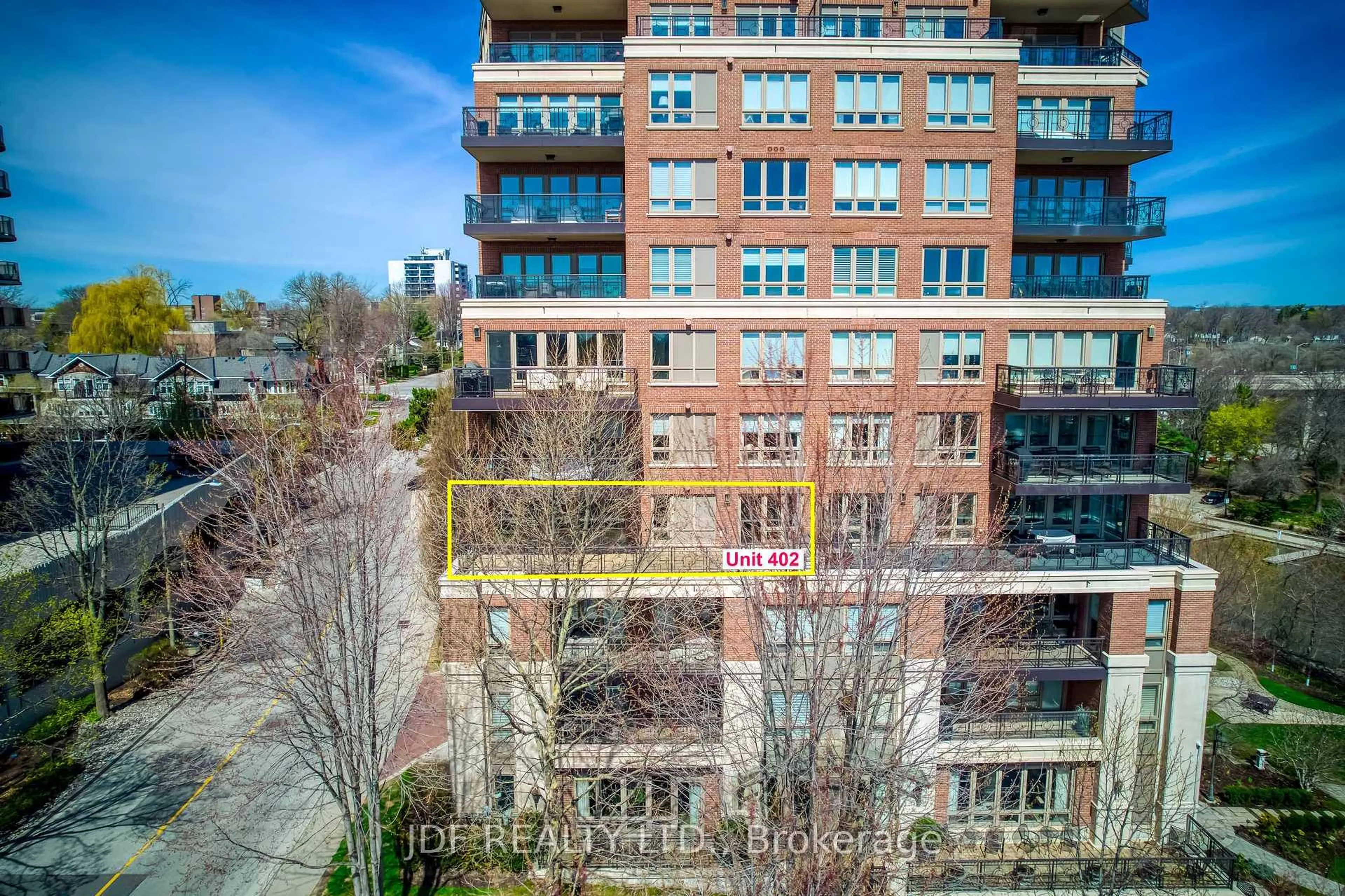 A pic from outside/outdoor area/front of a property/back of a property/a pic from drone, city buildings view from balcony for 111 Forsythe St #402, Oakville Ontario L6K 3J9