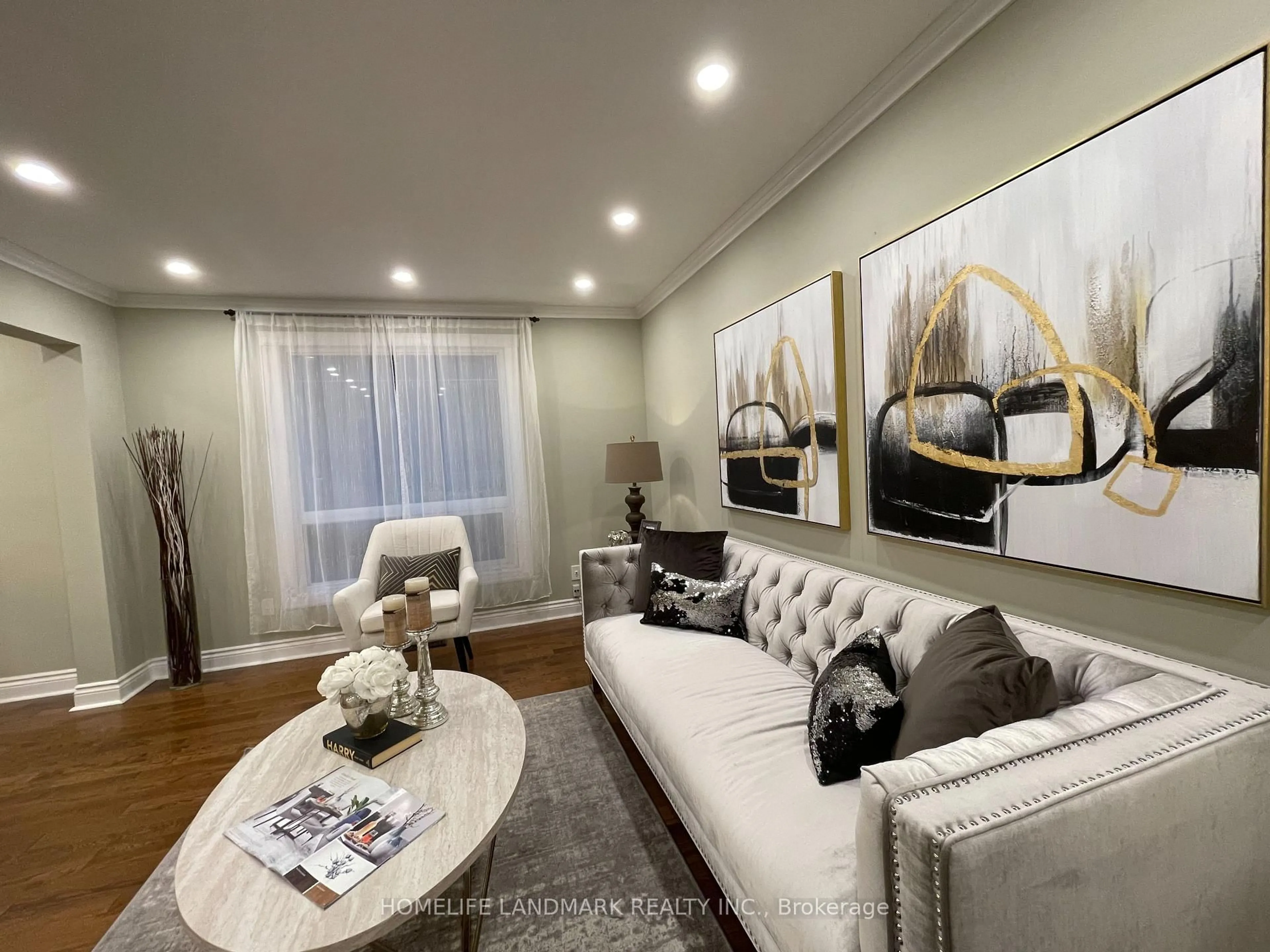 Living room with furniture, wood/laminate floor for 2105 Folkway Dr, Mississauga Ontario L5L 3G3