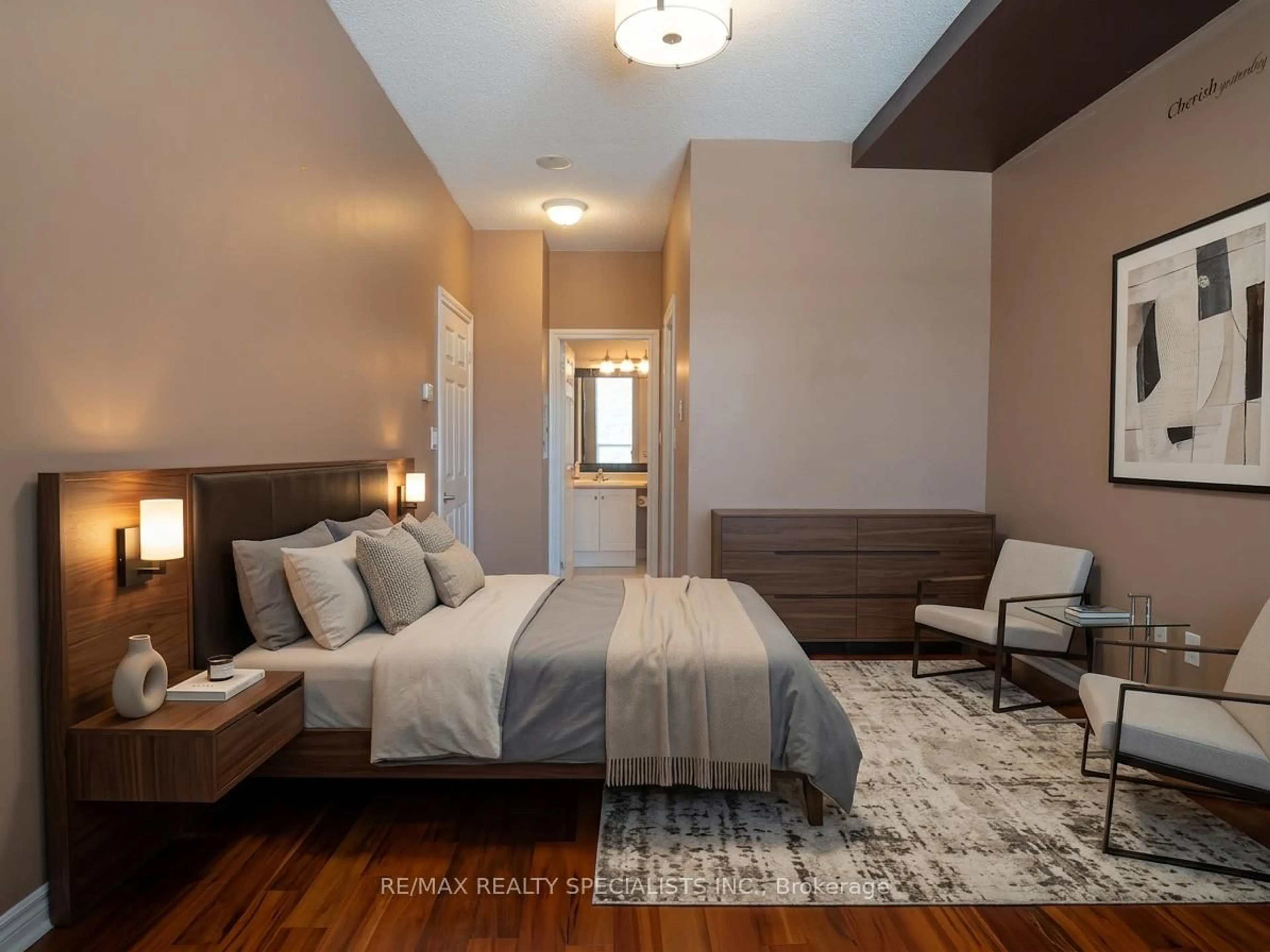 Bedroom with bed, wood/laminate floor for 3504 Hurontario St #307, Mississauga Ontario L5B 0B9