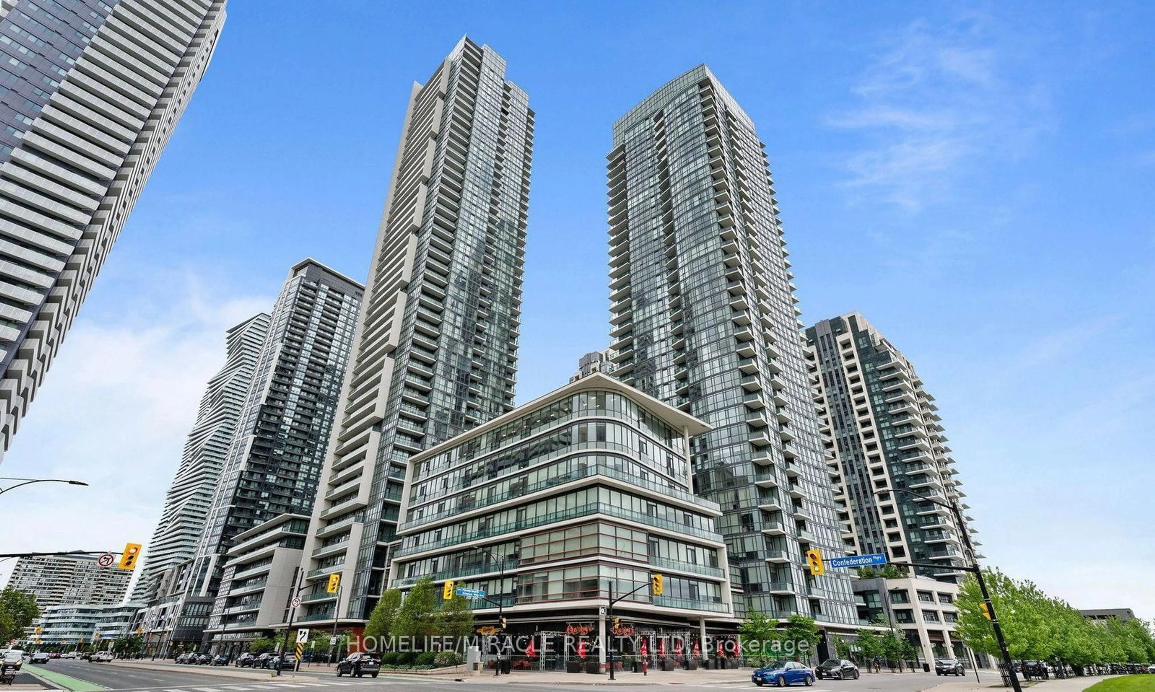 Patio, city buildings view from balcony for 4070 Confederation Pkwy #3408, Mississauga Ontario L5B 0E9
