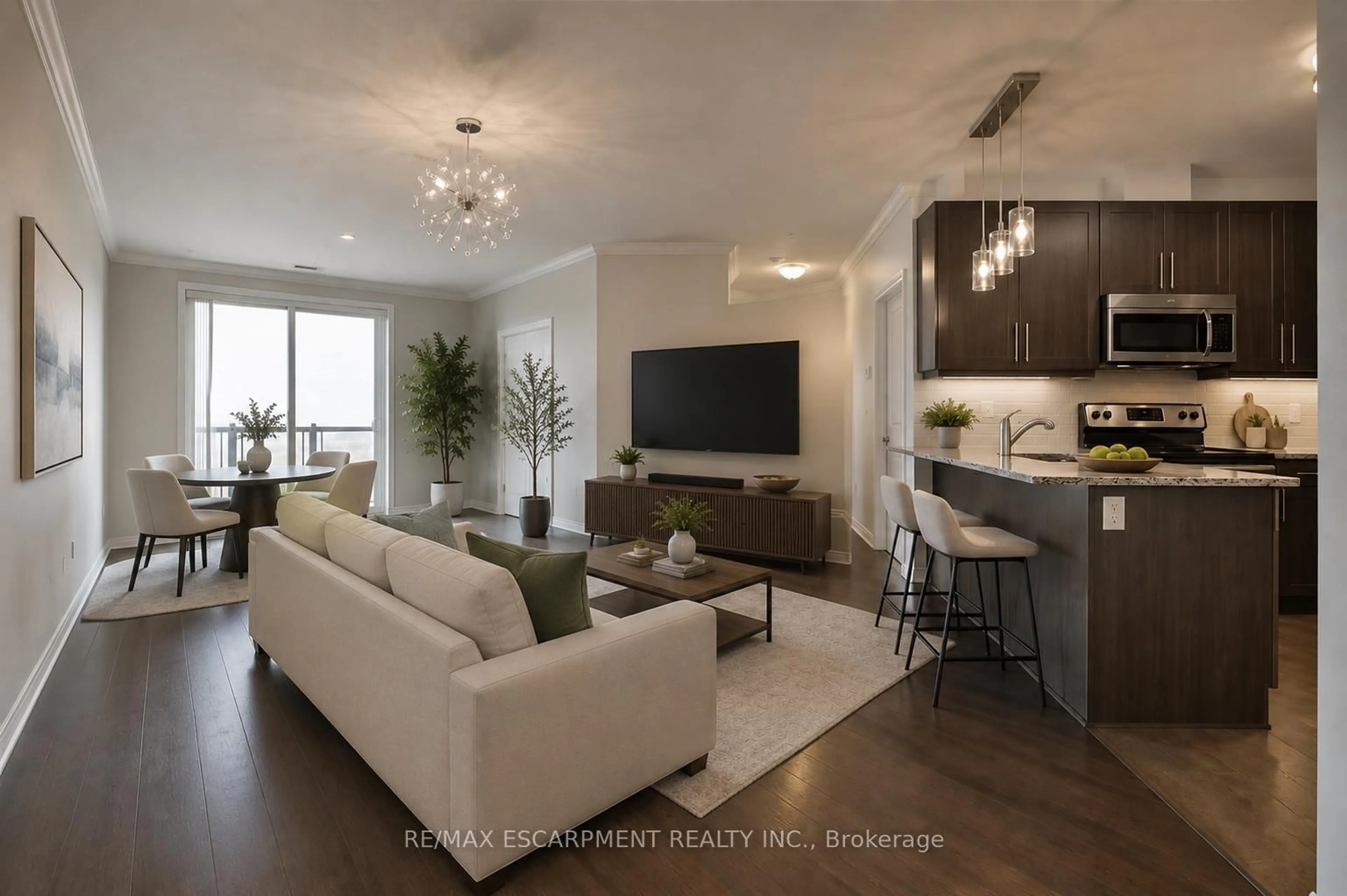 Living room with furniture, wood/laminate floor for 33 Whitmer St #623, Milton Ontario L9T 8P9