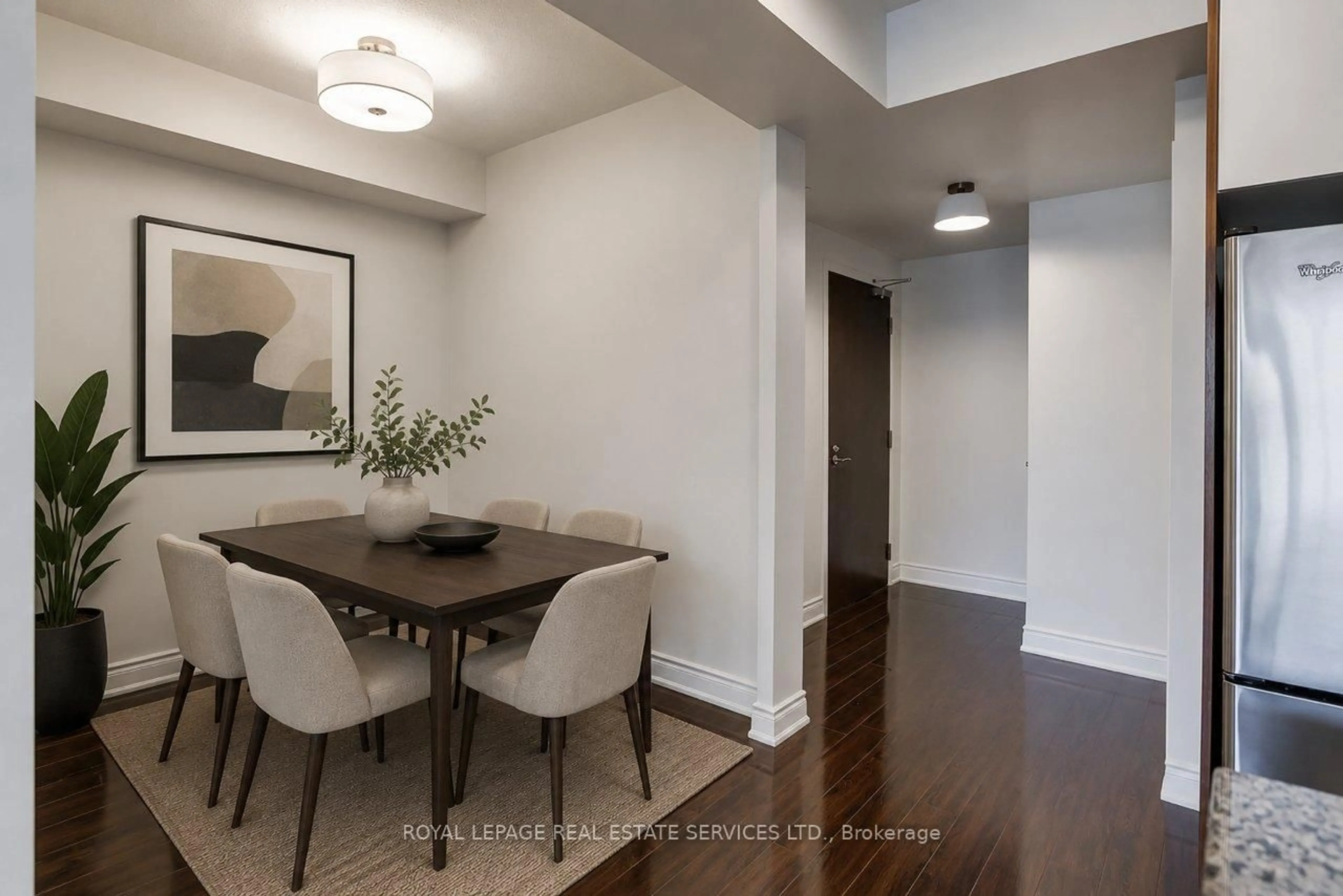Dining room, wood/laminate floor for 1 Valhalla Inn Rd #201, Toronto Ontario M9B 1S9