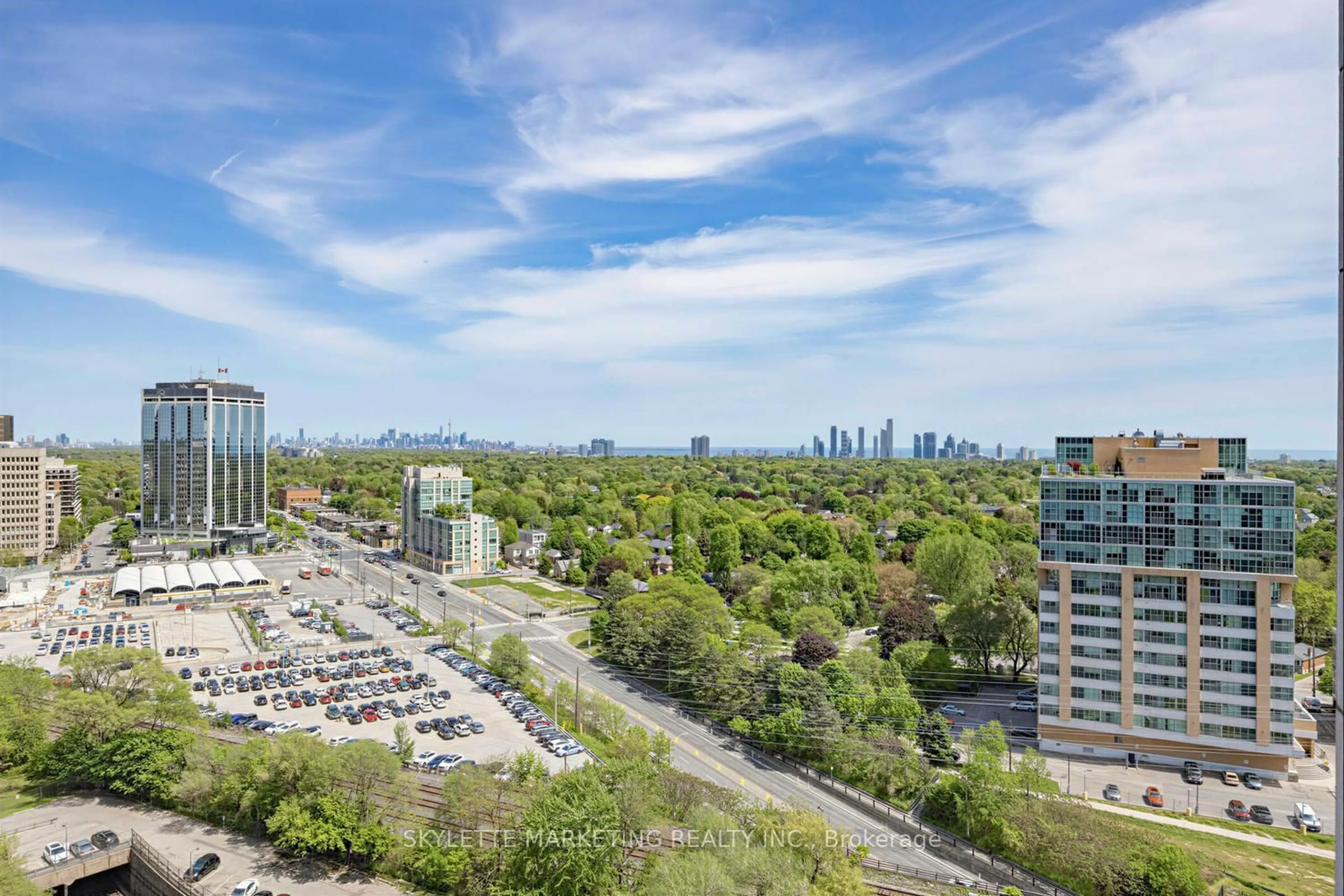 A pic from outside/outdoor area/front of a property/back of a property/a pic from drone, city buildings view from balcony for 5 Michael Power Pl #1902, Toronto Ontario M9A 0A3
