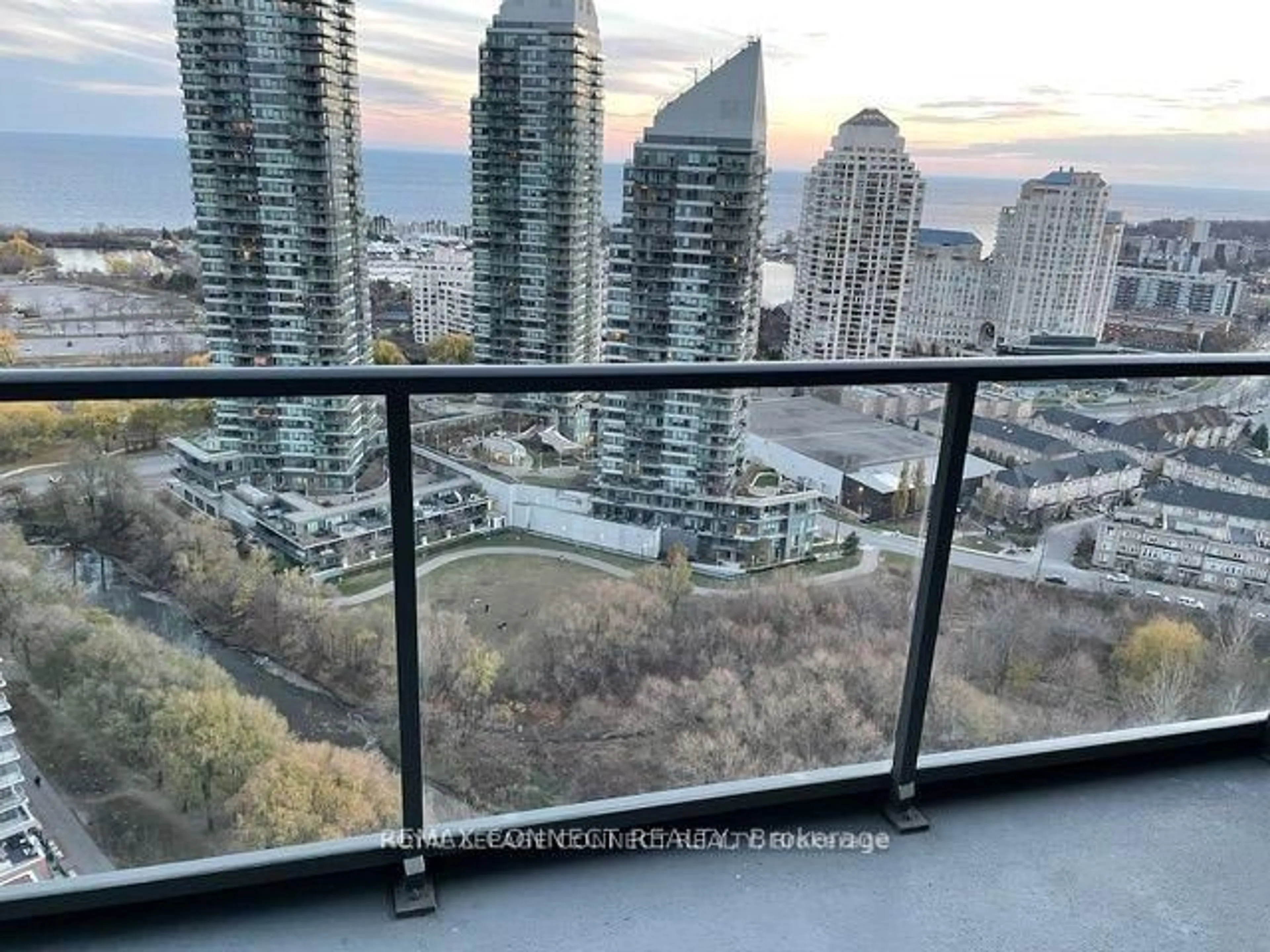 Balcony in the apartment, city buildings view from balcony for 36 Park Lawn Rd #2501, Toronto Ontario M8Y 3H8