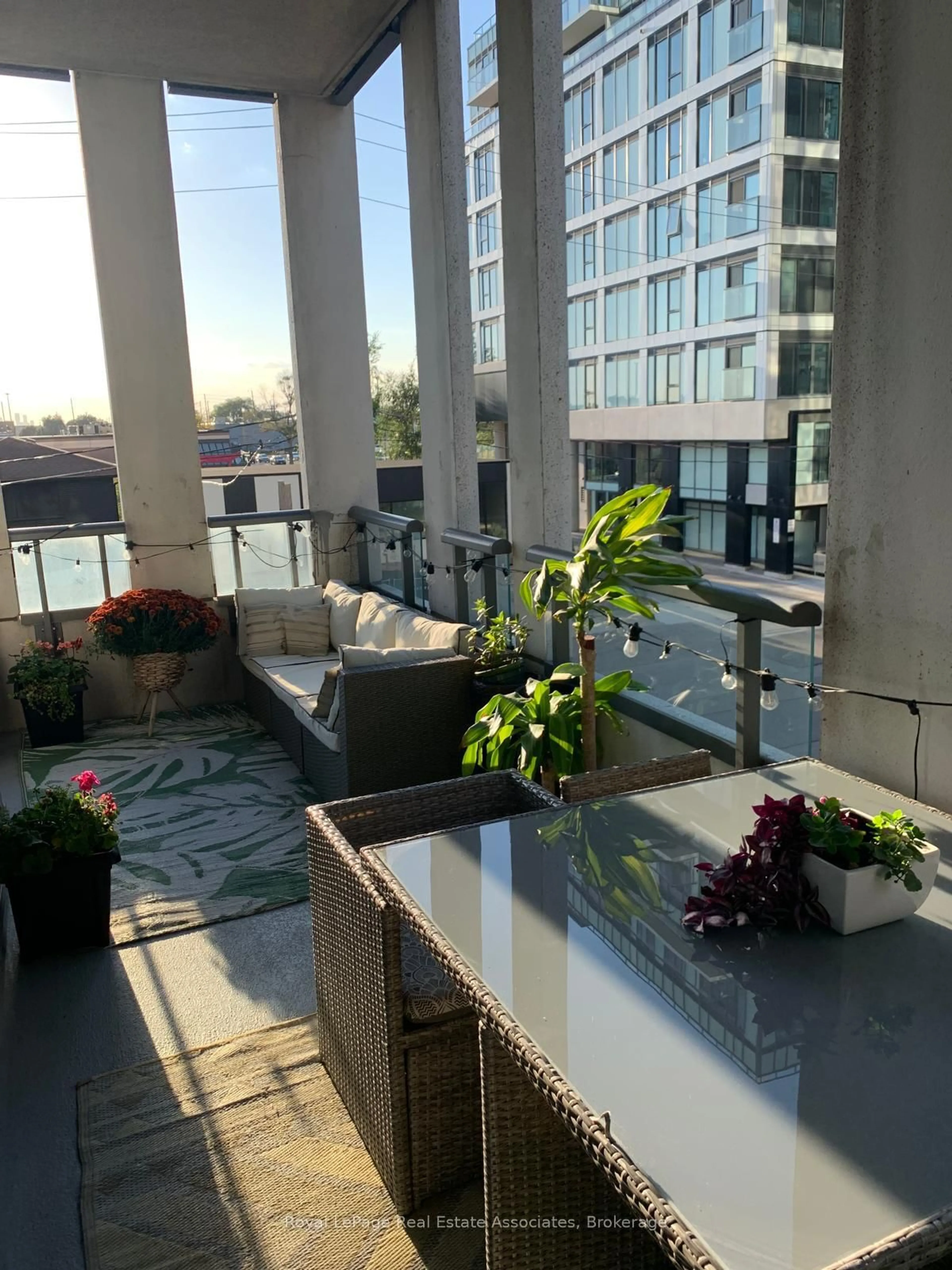 Patio, city buildings view from balcony for 15 Zorra St #209, Toronto Ontario M8Z 4Z6