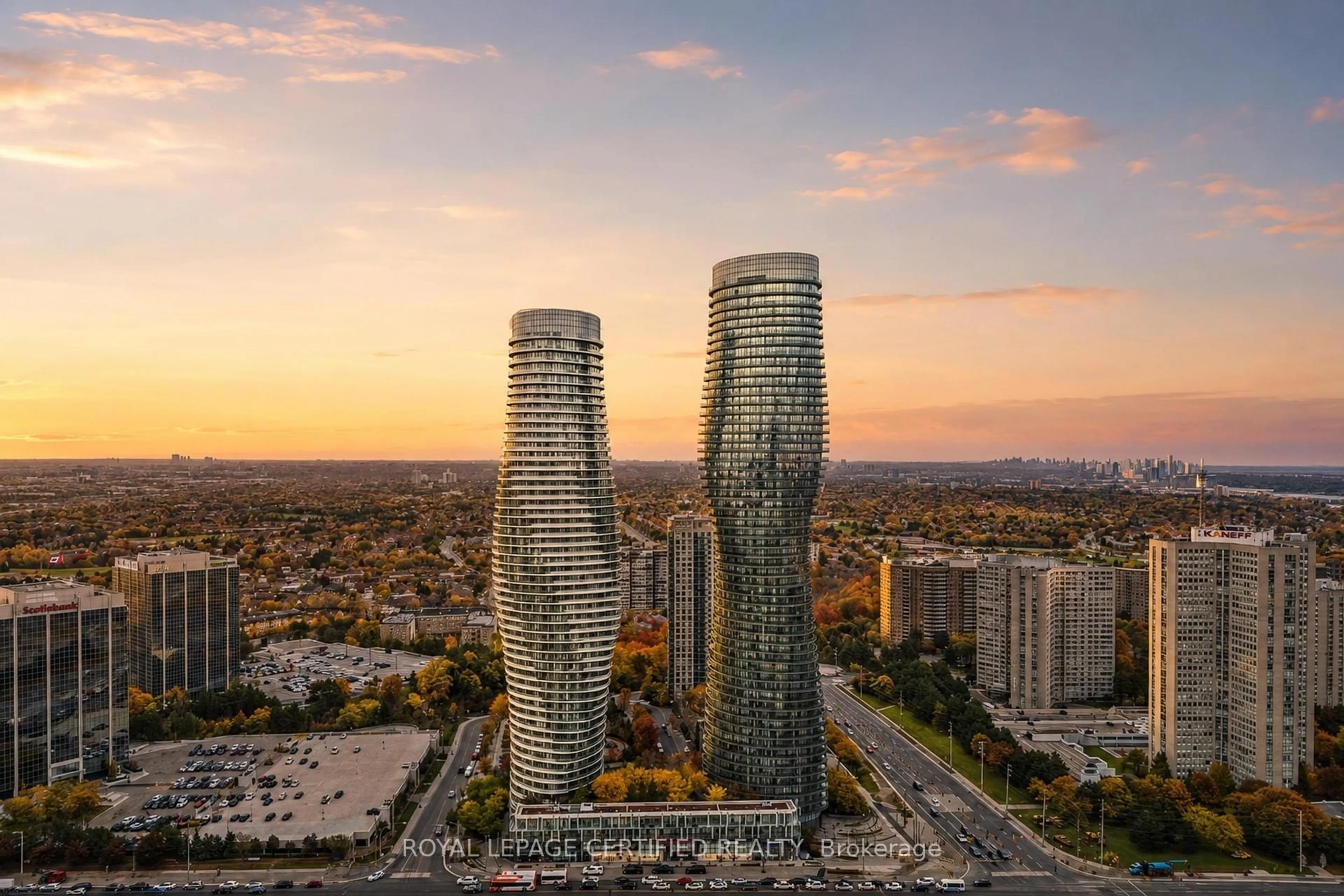 A pic from outside/outdoor area/front of a property/back of a property/a pic from drone, city buildings view from balcony for 50 Absolute Ave #609, Mississauga Ontario L4Z 0A8
