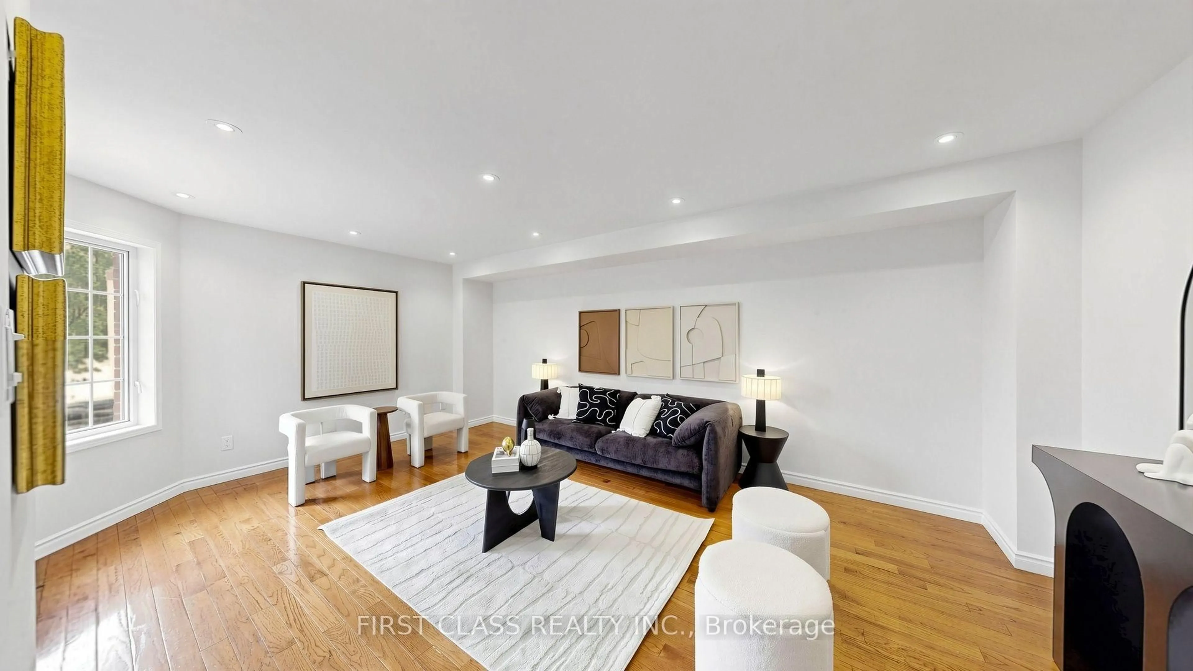 Living room with furniture, wood/laminate floor for 399 Stonetree Crt, Mississauga Ontario L5B 4H3