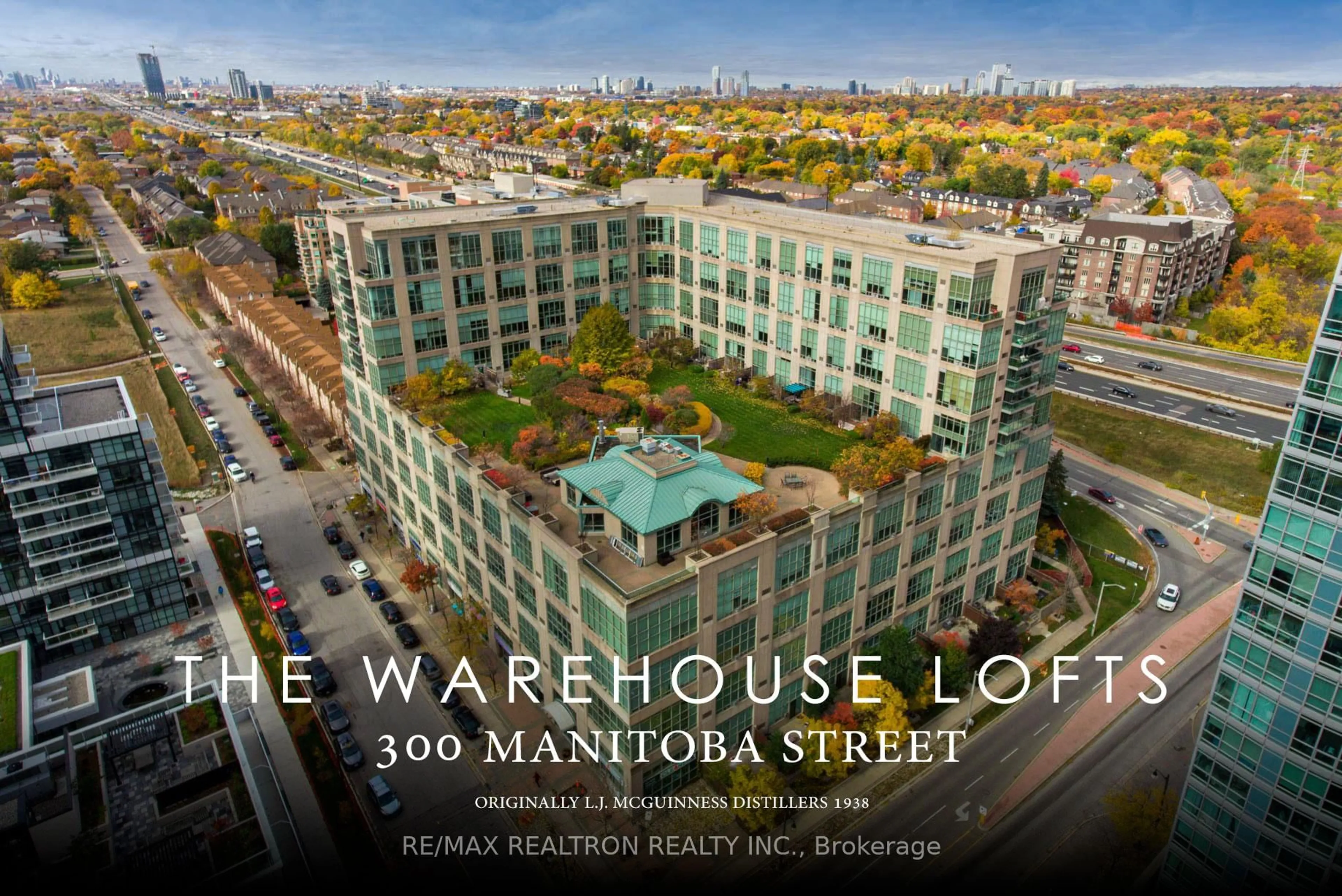 A pic from outside/outdoor area/front of a property/back of a property/a pic from drone, city buildings view from balcony for 300 Manitoba St #311, Toronto Ontario M8Y 4G6