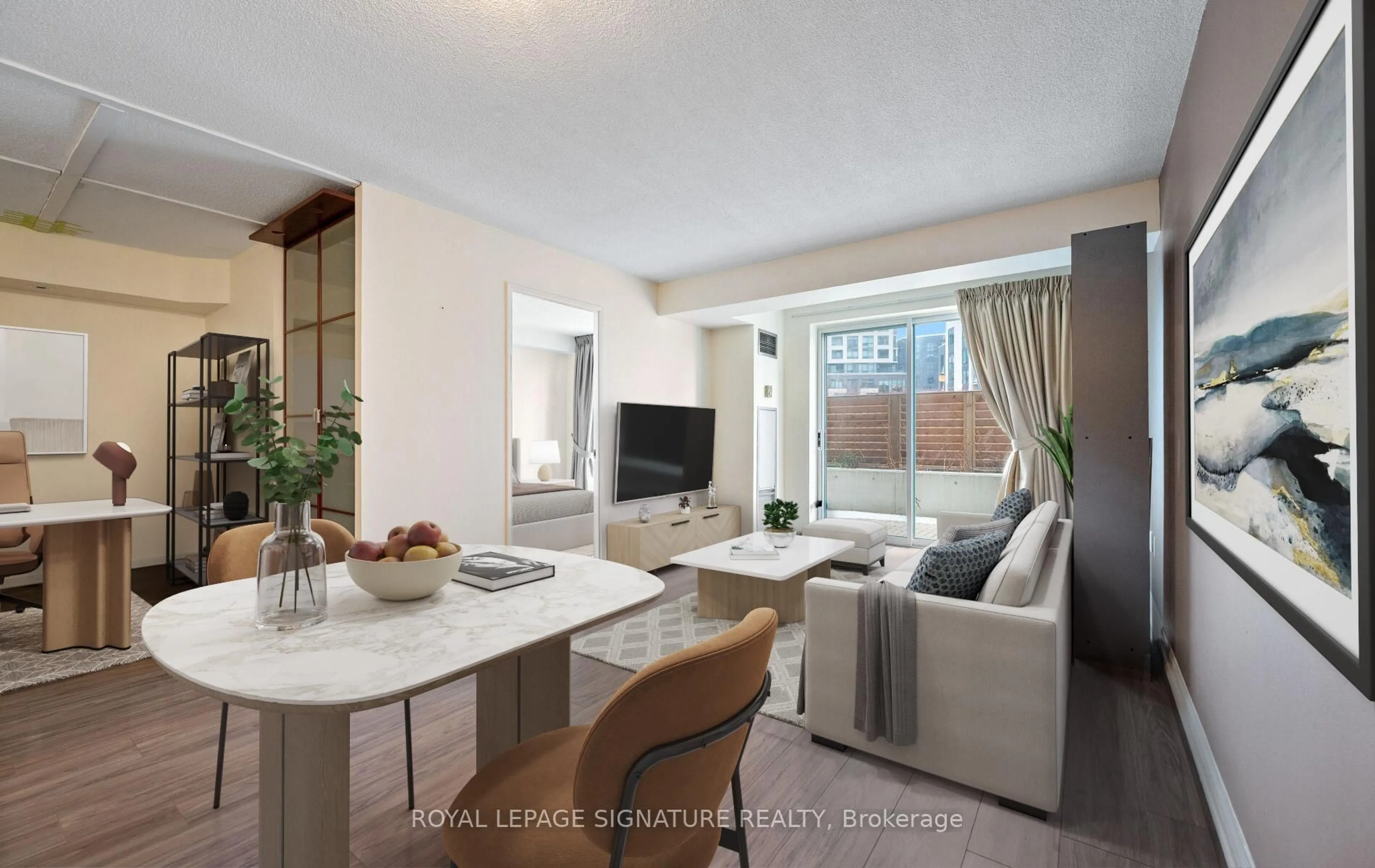 Living room with furniture, unknown for 101 Subway Cres #102, Toronto Ontario M9B 6K4