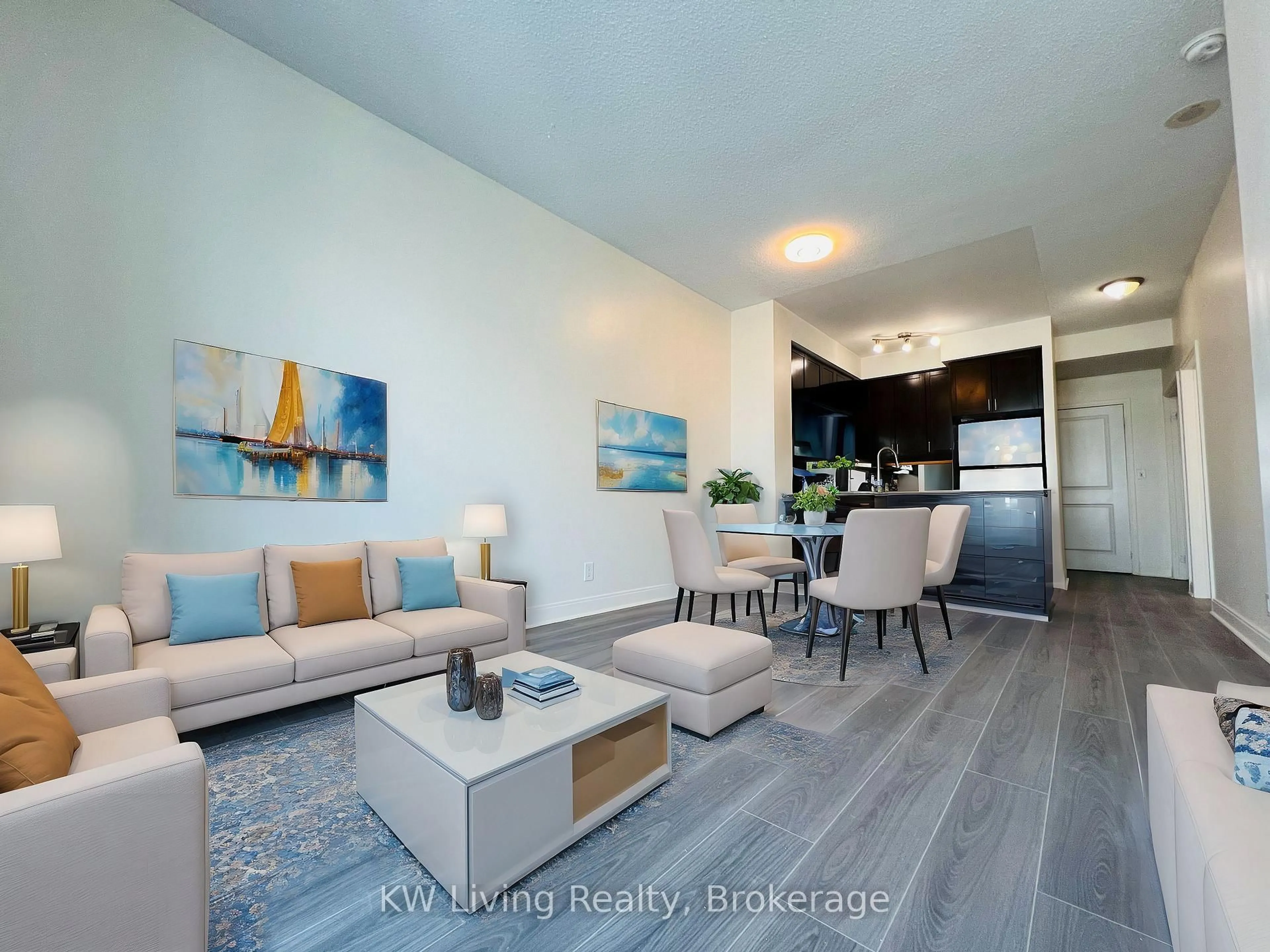Living room with furniture, wood/laminate floor for 80 Absolute Ave #1201, Mississauga Ontario L4Z 0A9