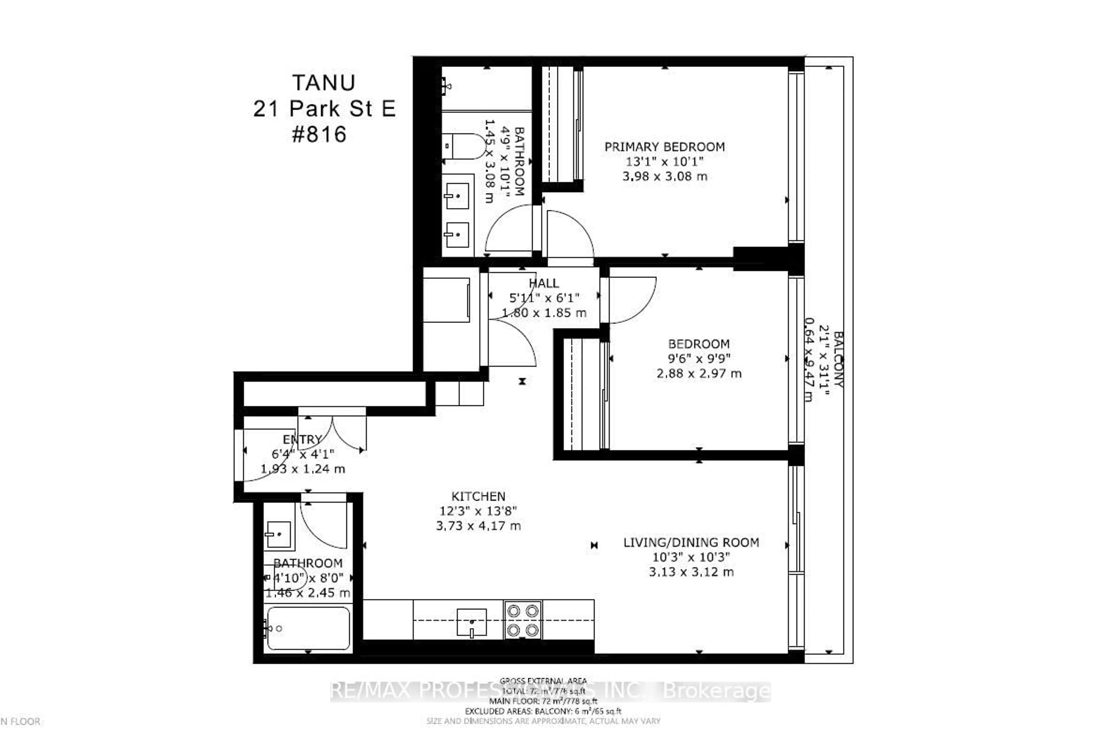 Floor plan for 21 Park St #816, Mississauga Ontario L5G 1L6