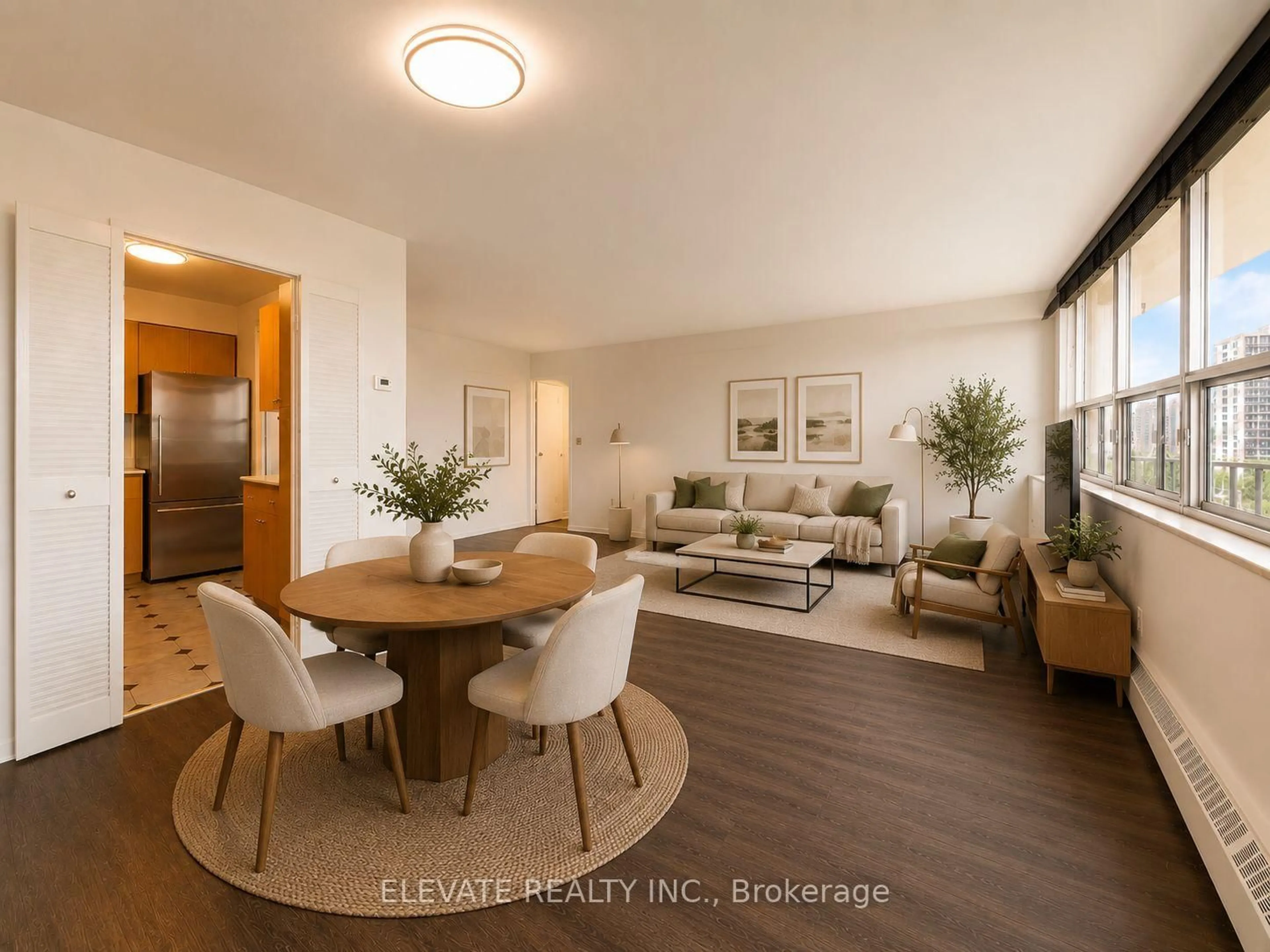 Living room with furniture, wood/laminate floor for 360 Ridelle Ave #815, Toronto Ontario M6B 1K1