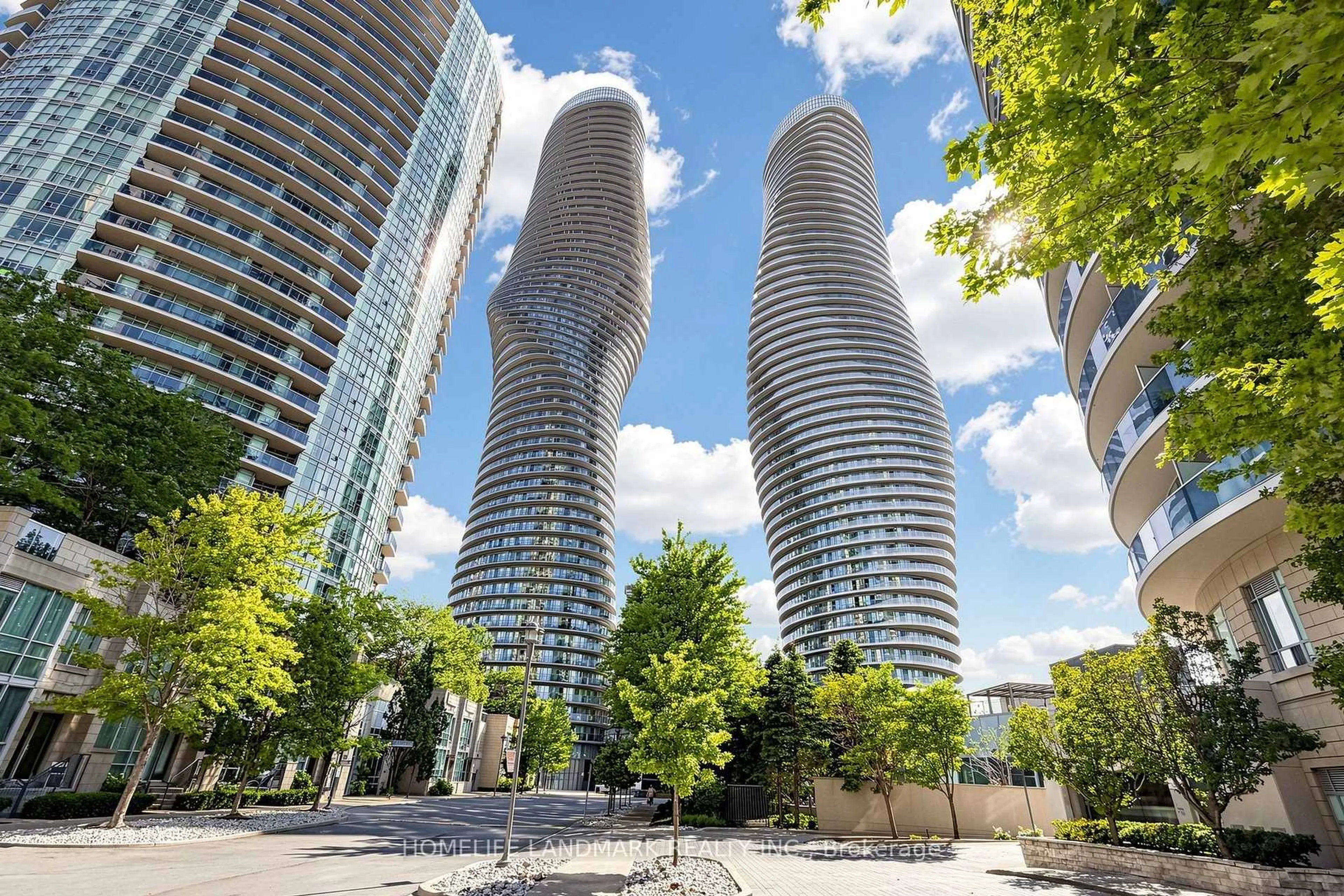 Patio, city buildings view from balcony for 80 Absolute Ave #3508, Mississauga Ontario L4Z 0A5