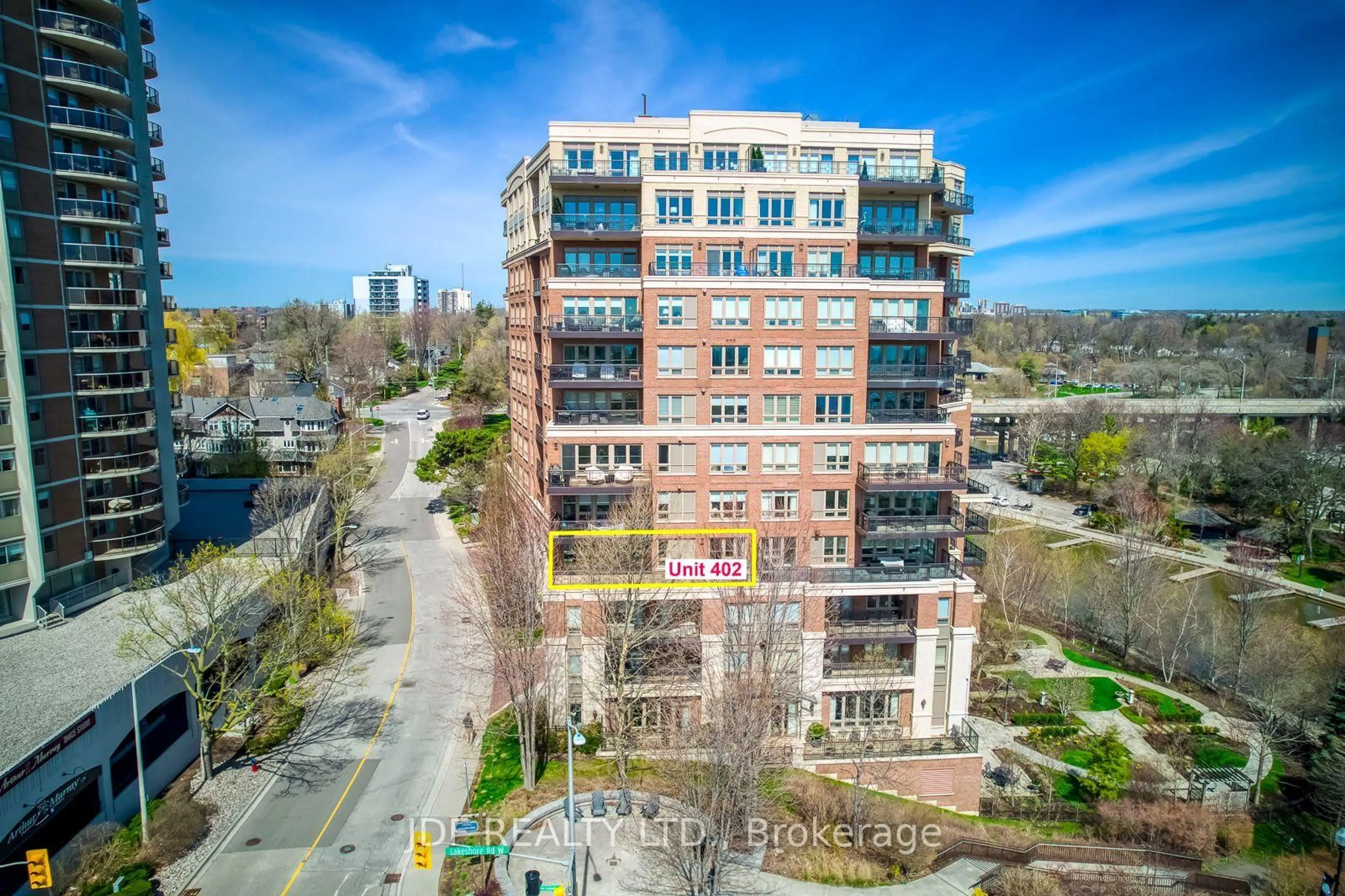 A pic from outside/outdoor area/front of a property/back of a property/a pic from drone, city buildings view from balcony for 111 Forsythe St #402, Oakville Ontario L6K 3J9
