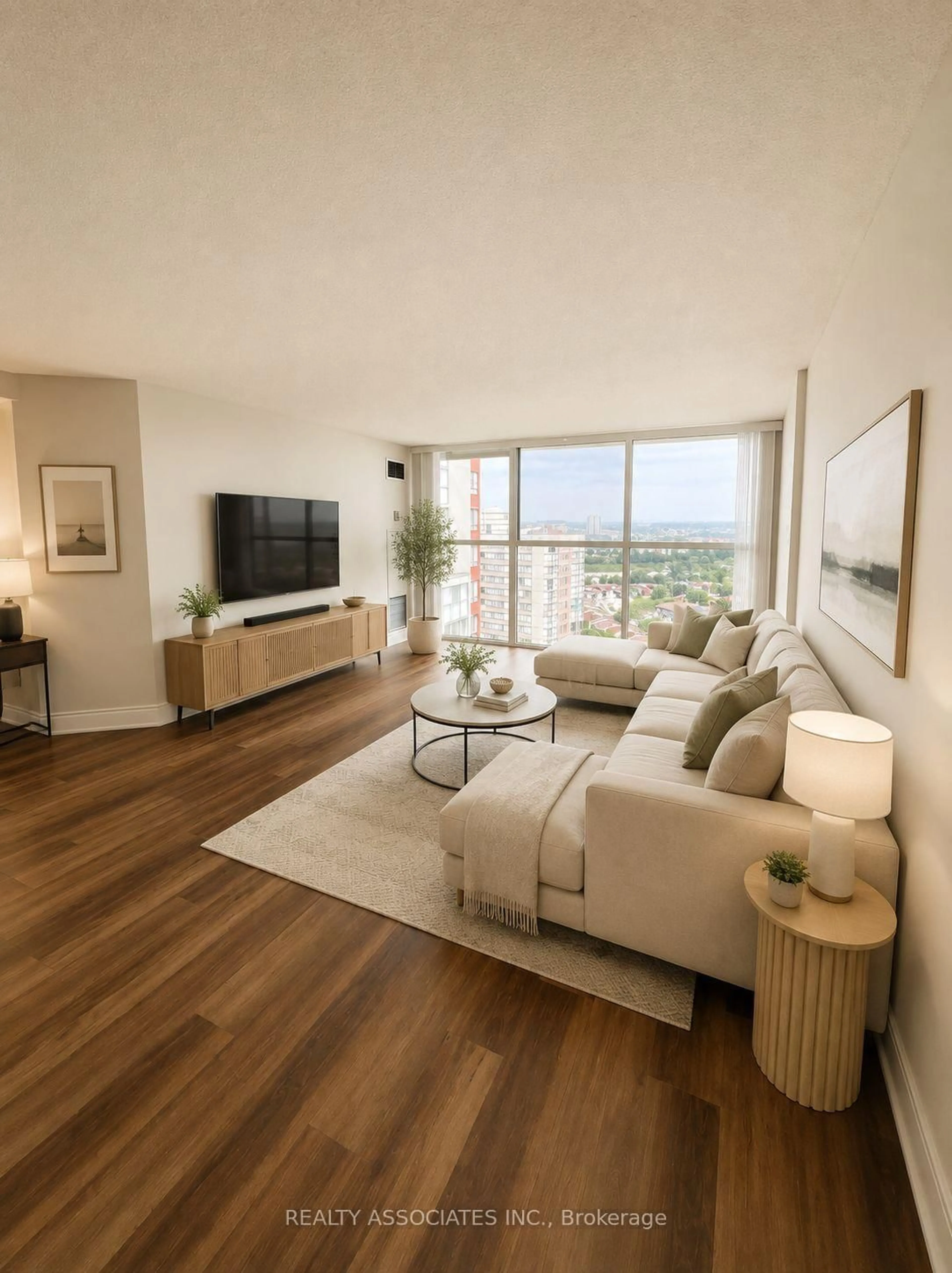 Living room with furniture, wood/laminate floor for 4185 Shipp Dr #2213, Mississauga Ontario L4Z 2Y8