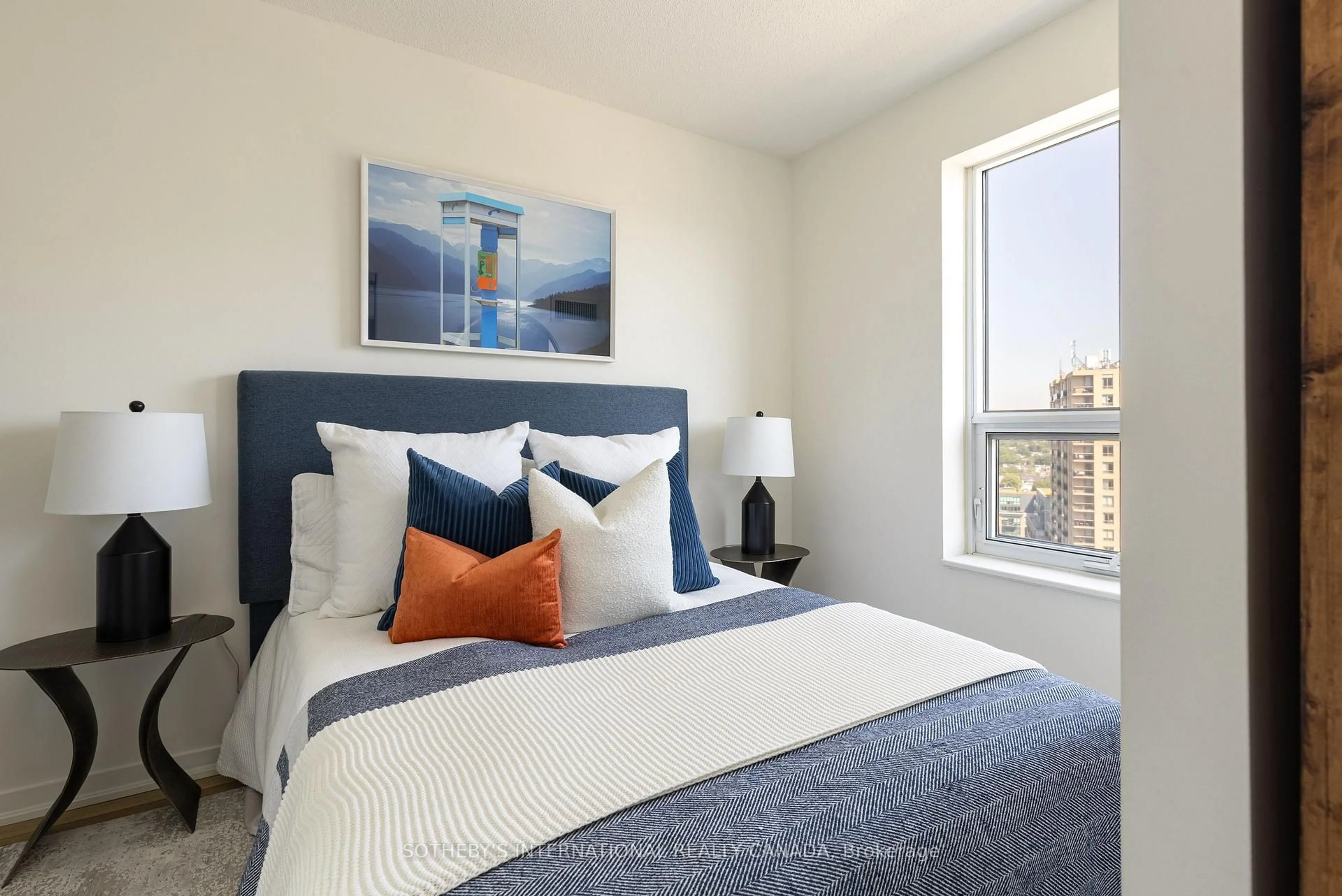 Bedroom with bed, carpet floor for 38 Joe Shuster Way #1619, Toronto Ontario M6K 0A5