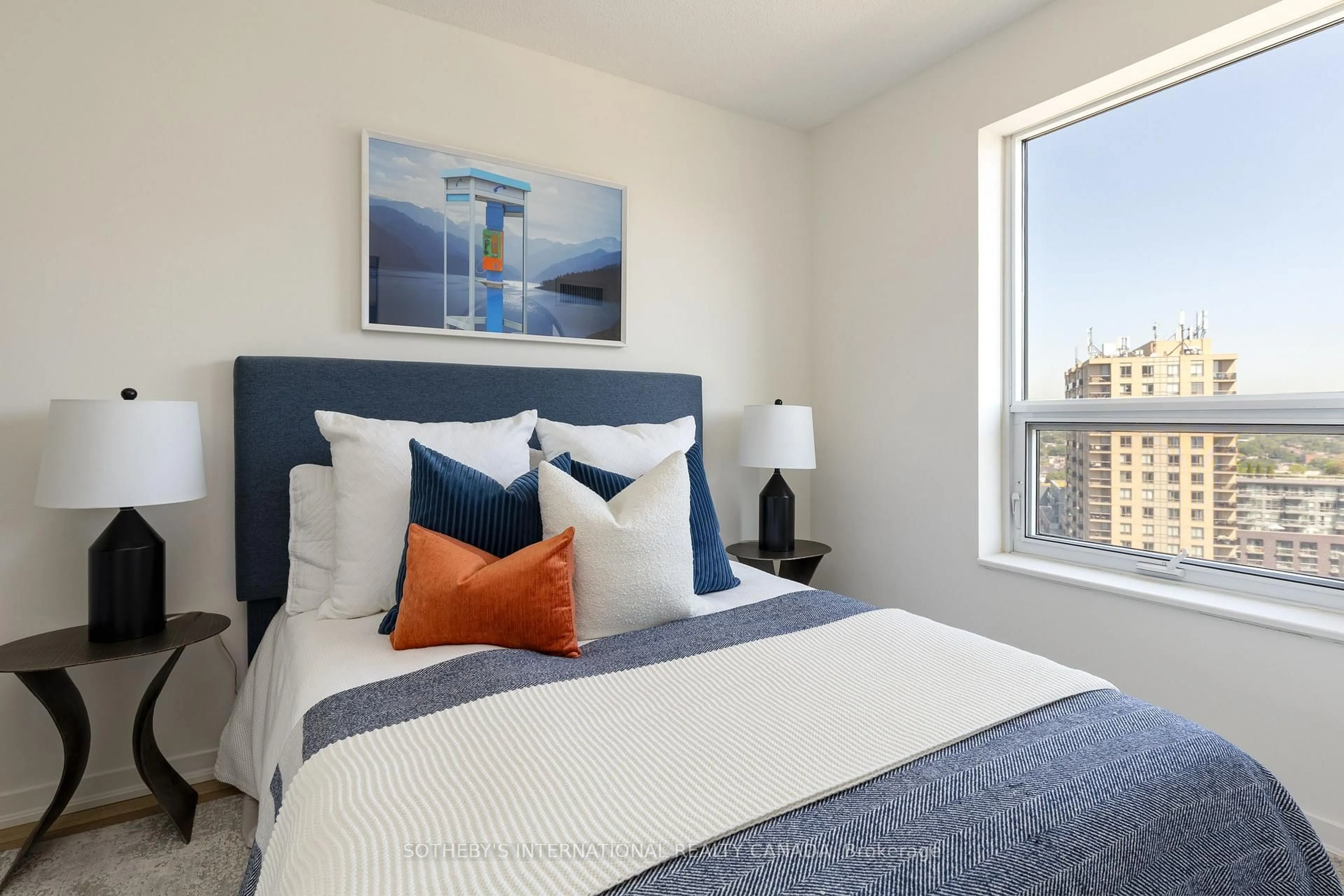 Bedroom with bed, carpet floor for 38 Joe Shuster Way #1619, Toronto Ontario M6K 0A5
