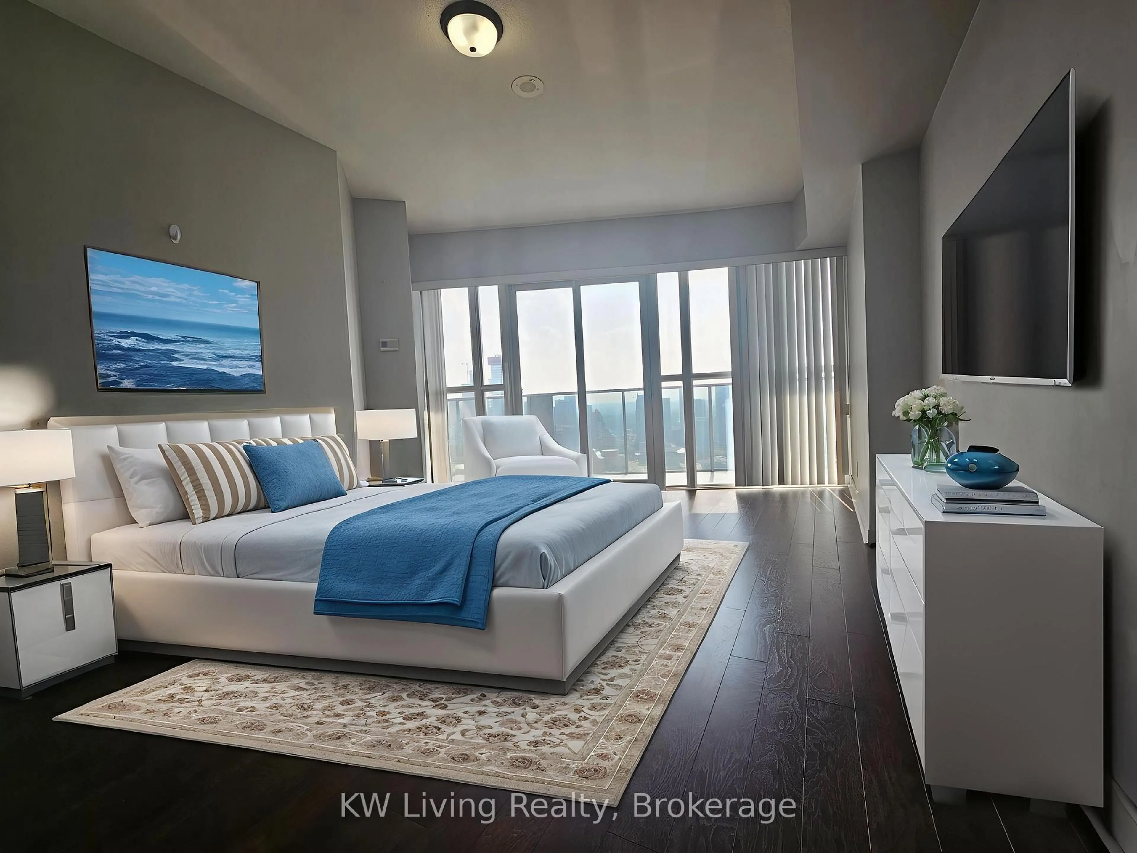 Bedroom with bed, wood/laminate floor for 60 Absolute Ave #4804, Mississauga Ontario L4Z 0A9