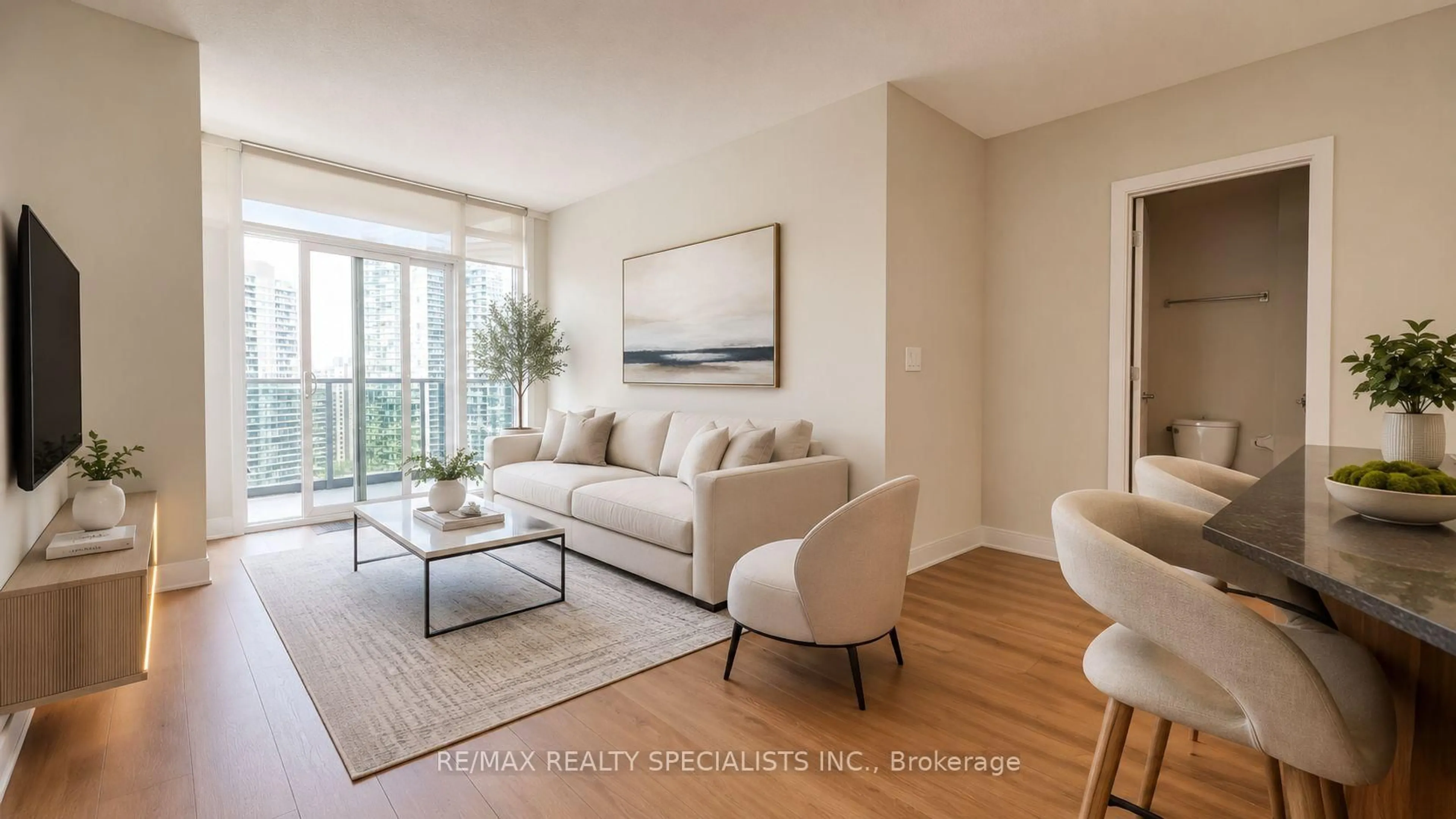 Living room with furniture, wood/laminate floor for 330 Burnhamthorpe Rd #2702, Mississauga Ontario L5B 0E1
