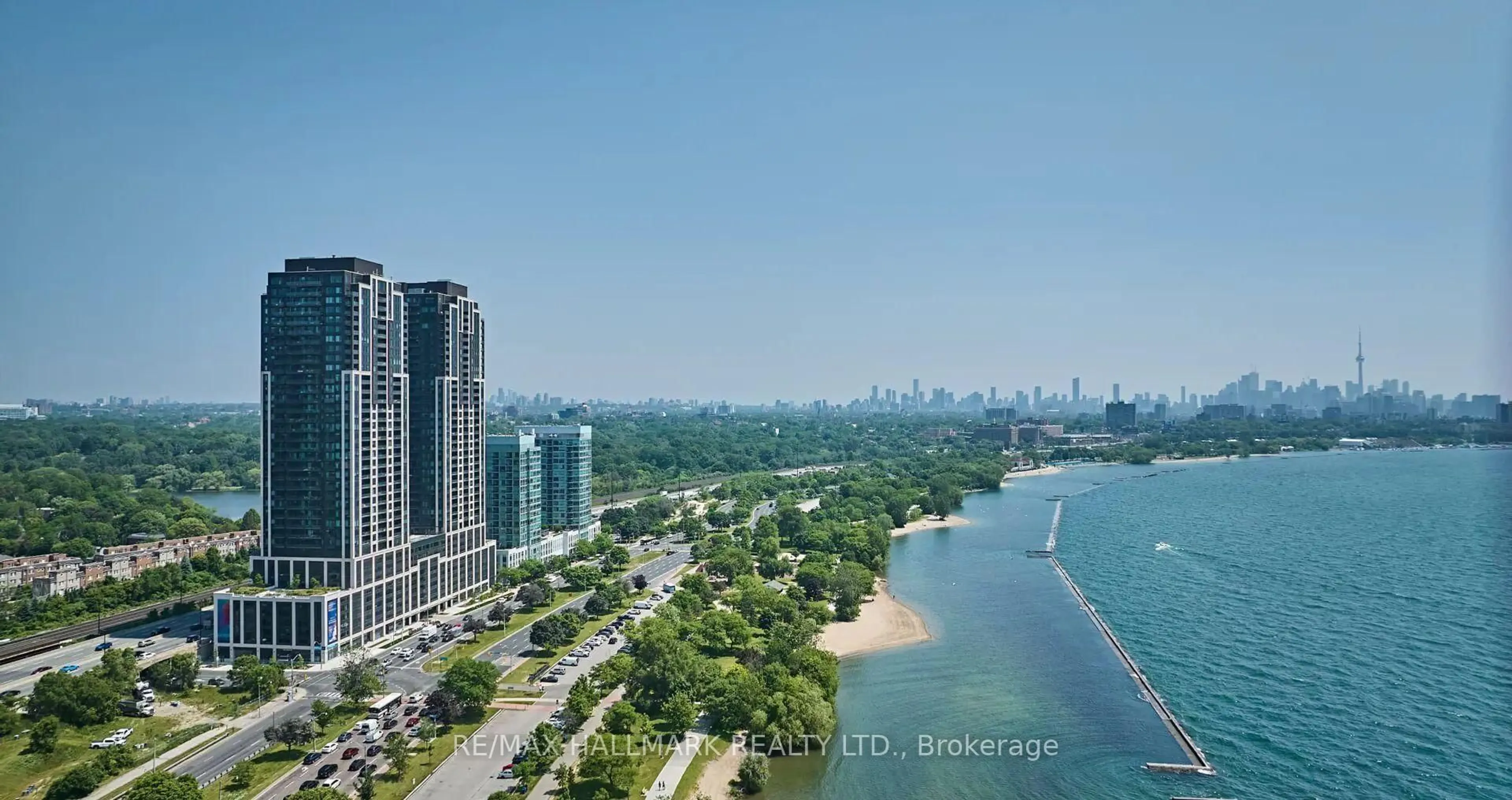 A pic from outside/outdoor area/front of a property/back of a property/a pic from drone, water/lake/river/ocean view for 1928 Lake Shore Blvd #2907, Toronto Ontario M6S 0B1