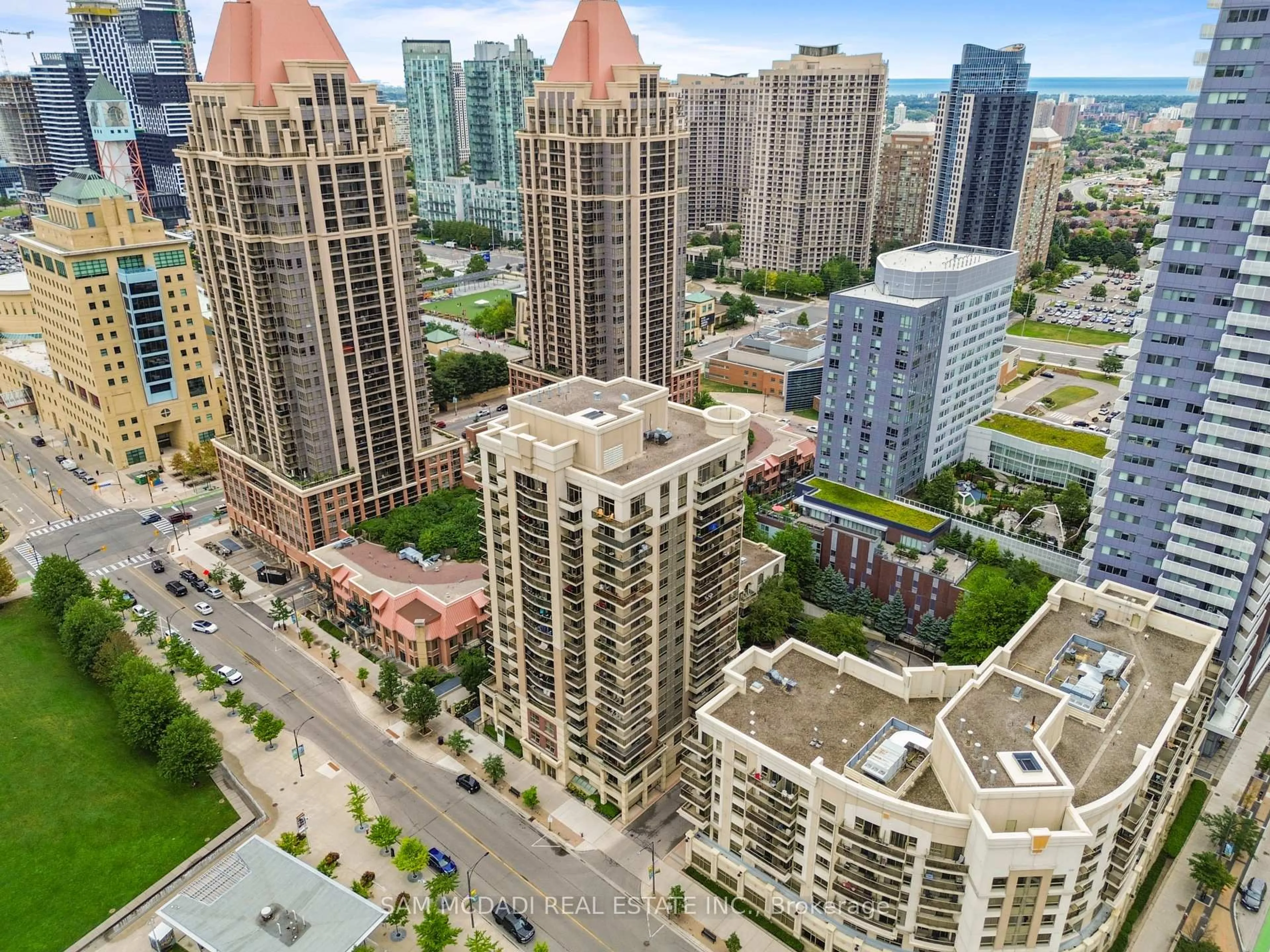 A pic from outside/outdoor area/front of a property/back of a property/a pic from drone, city buildings view from balcony for 350 Princess Royal Dr #1107, Mississauga Ontario L5B 4N1