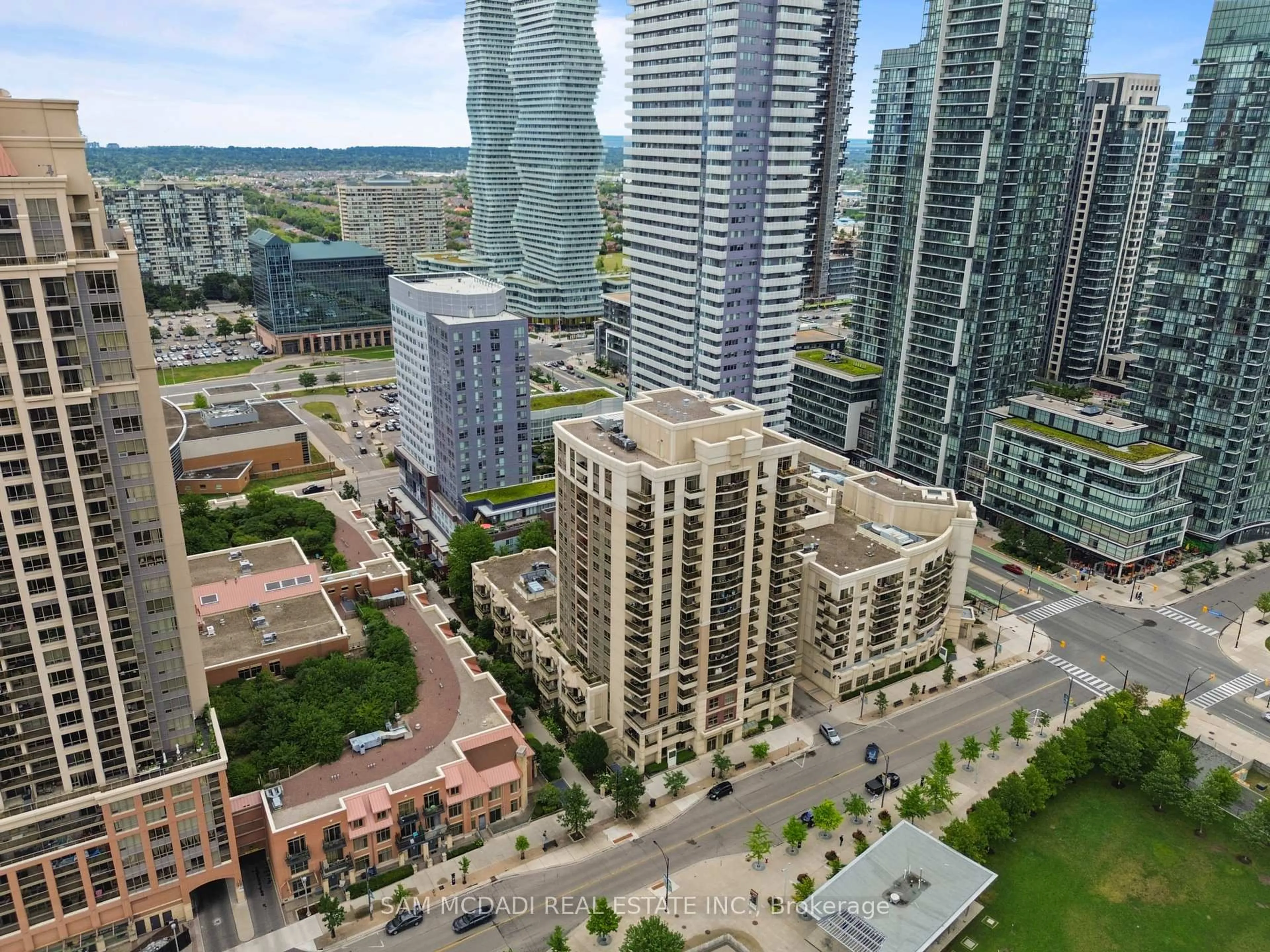 A pic from outside/outdoor area/front of a property/back of a property/a pic from drone, city buildings view from balcony for 350 Princess Royal Dr #1107, Mississauga Ontario L5B 4N1