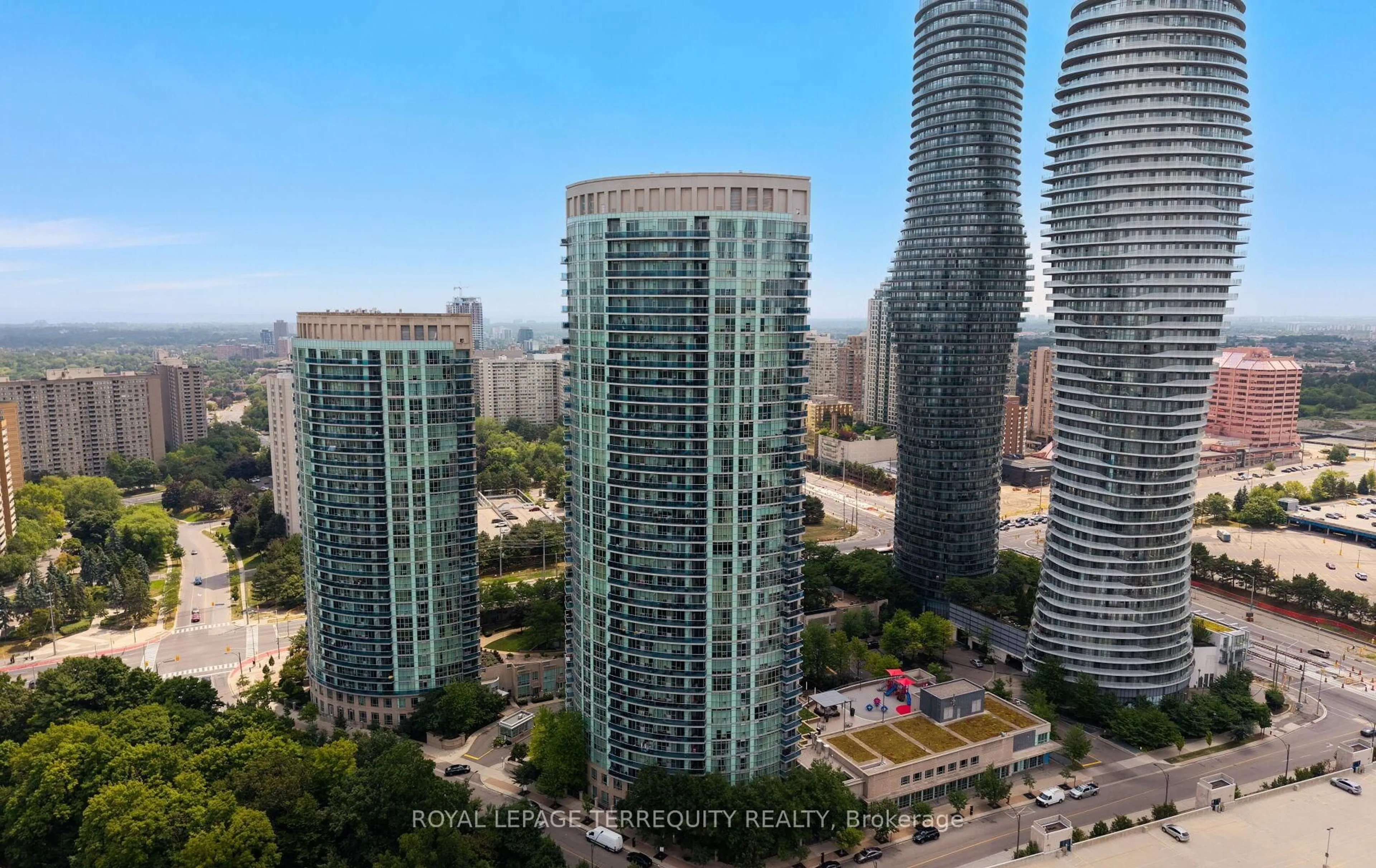 A pic from outside/outdoor area/front of a property/back of a property/a pic from drone, city buildings view from balcony for 80 Absolute Ave #406, Mississauga Ontario L4Z 0A5