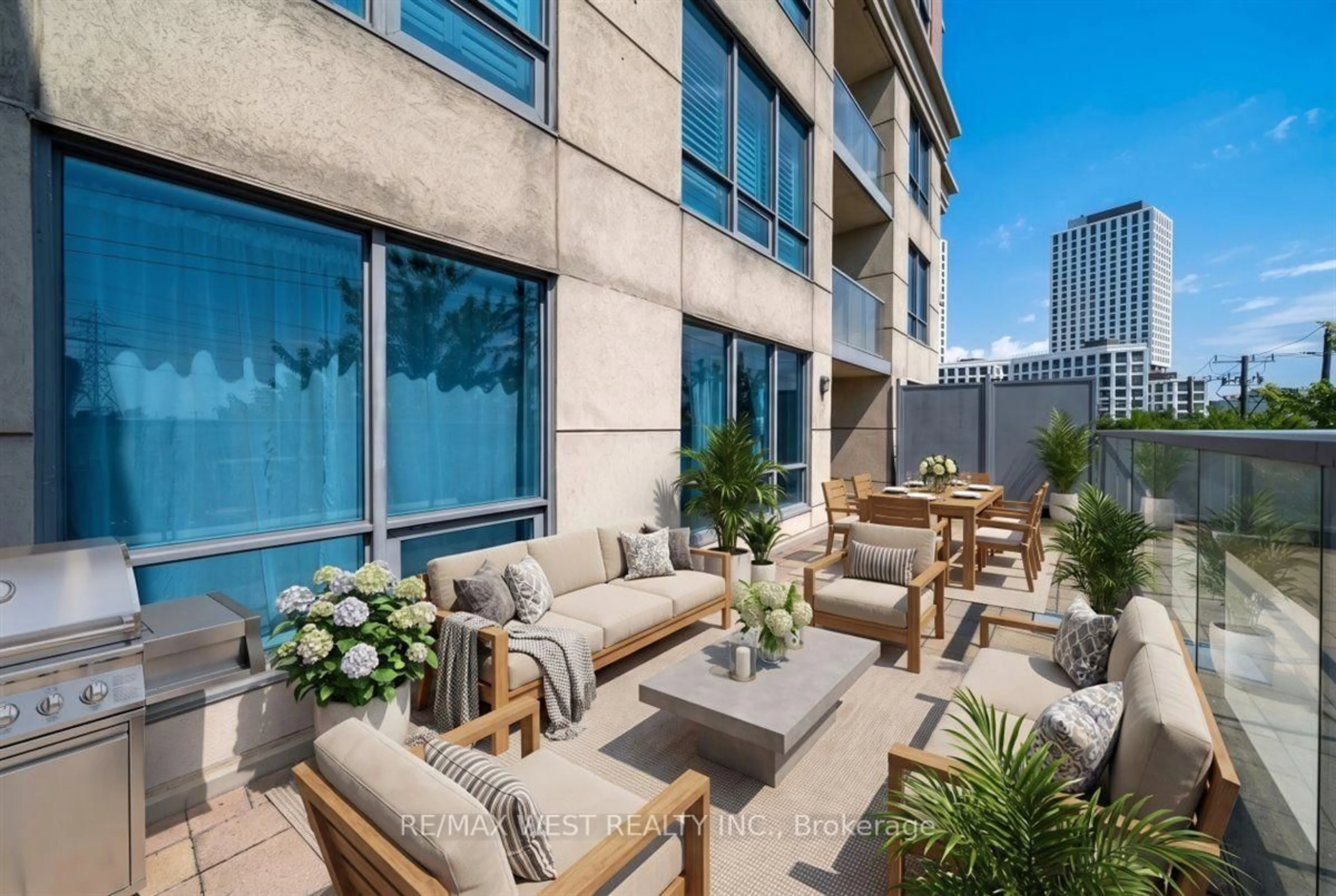 Patio, city buildings view from balcony for 25 Viking Lane #250, Toronto Ontario M9B 0A1
