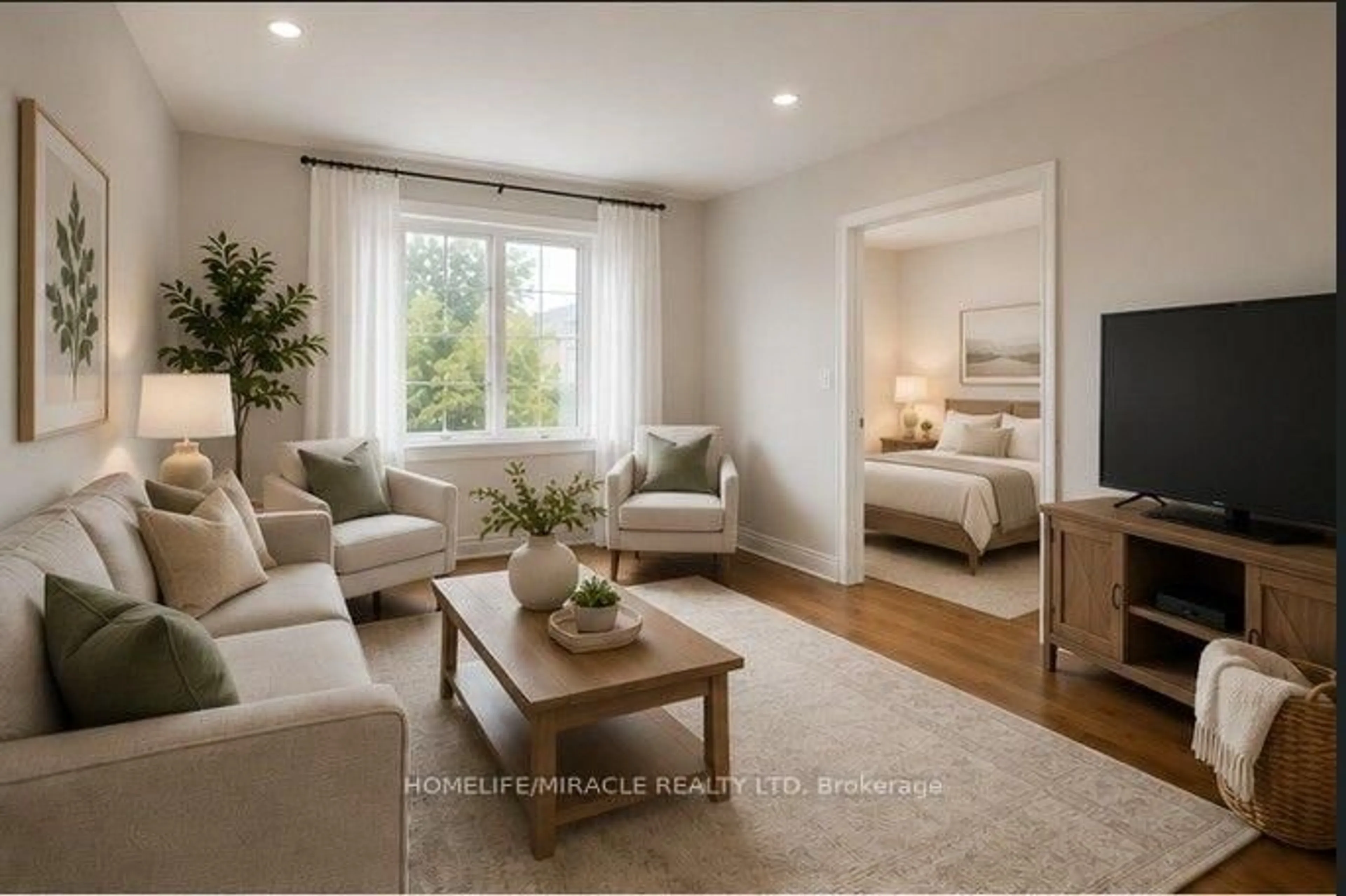 Living room with furniture, wood/laminate floor for 50 Haverson Blvd, Toronto Ontario M6M 3J6