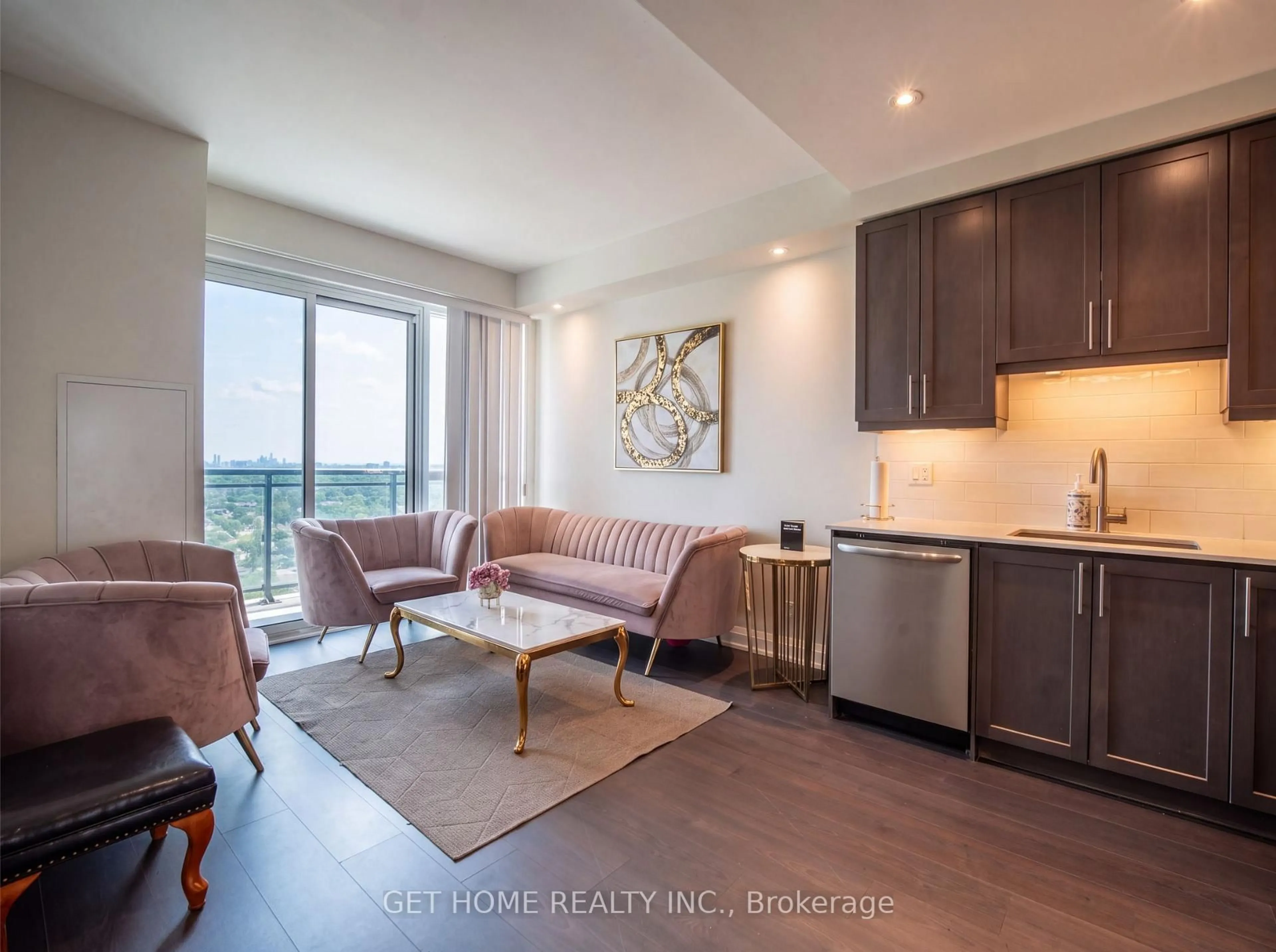 Living room with furniture, wood/laminate floor for 15 Lynch St #2104, Brampton Ontario L6W 2Z8