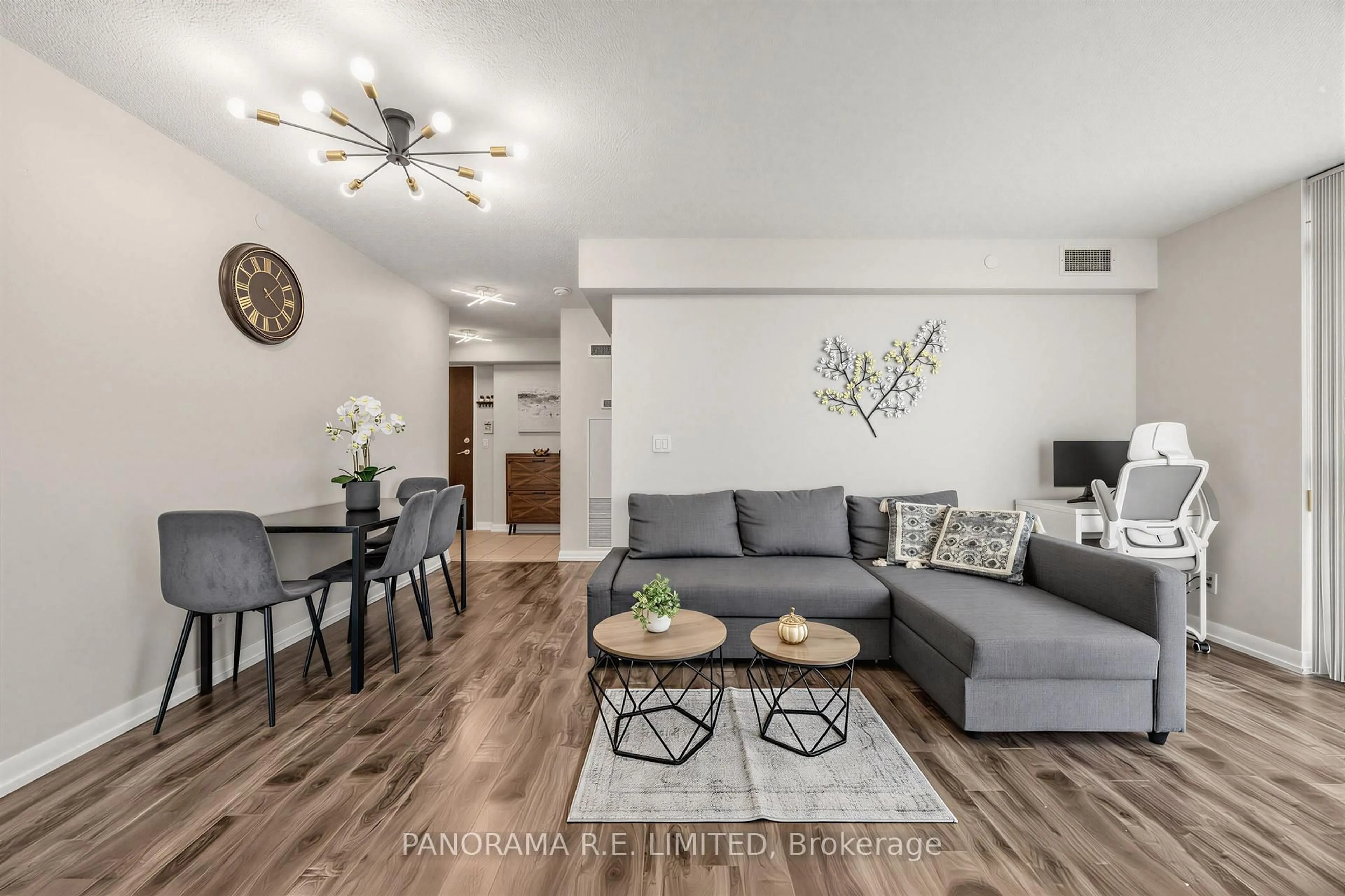 Living room with furniture, wood/laminate floor for 215 Sherway Gardens Rd #807, Toronto Ontario M9C 0A4