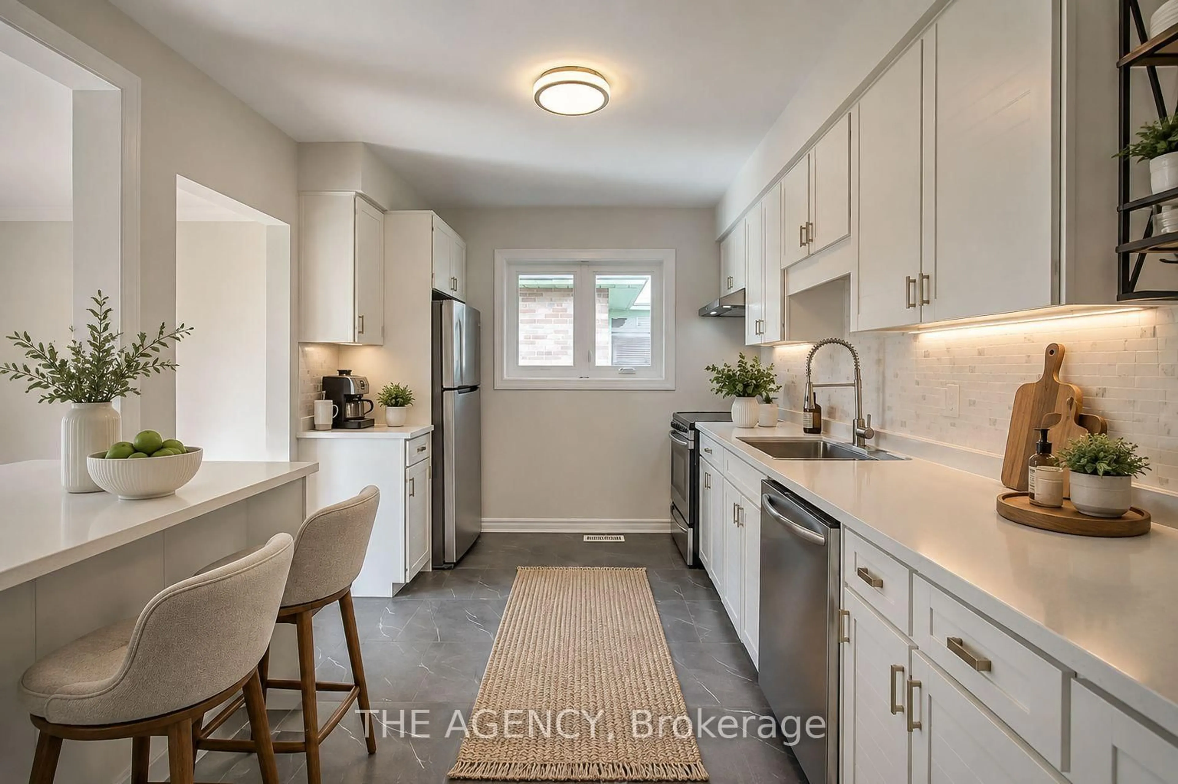 Open concept kitchen, ceramic/tile floor for 14 Wareside Rd, Toronto Ontario M9C 3B2