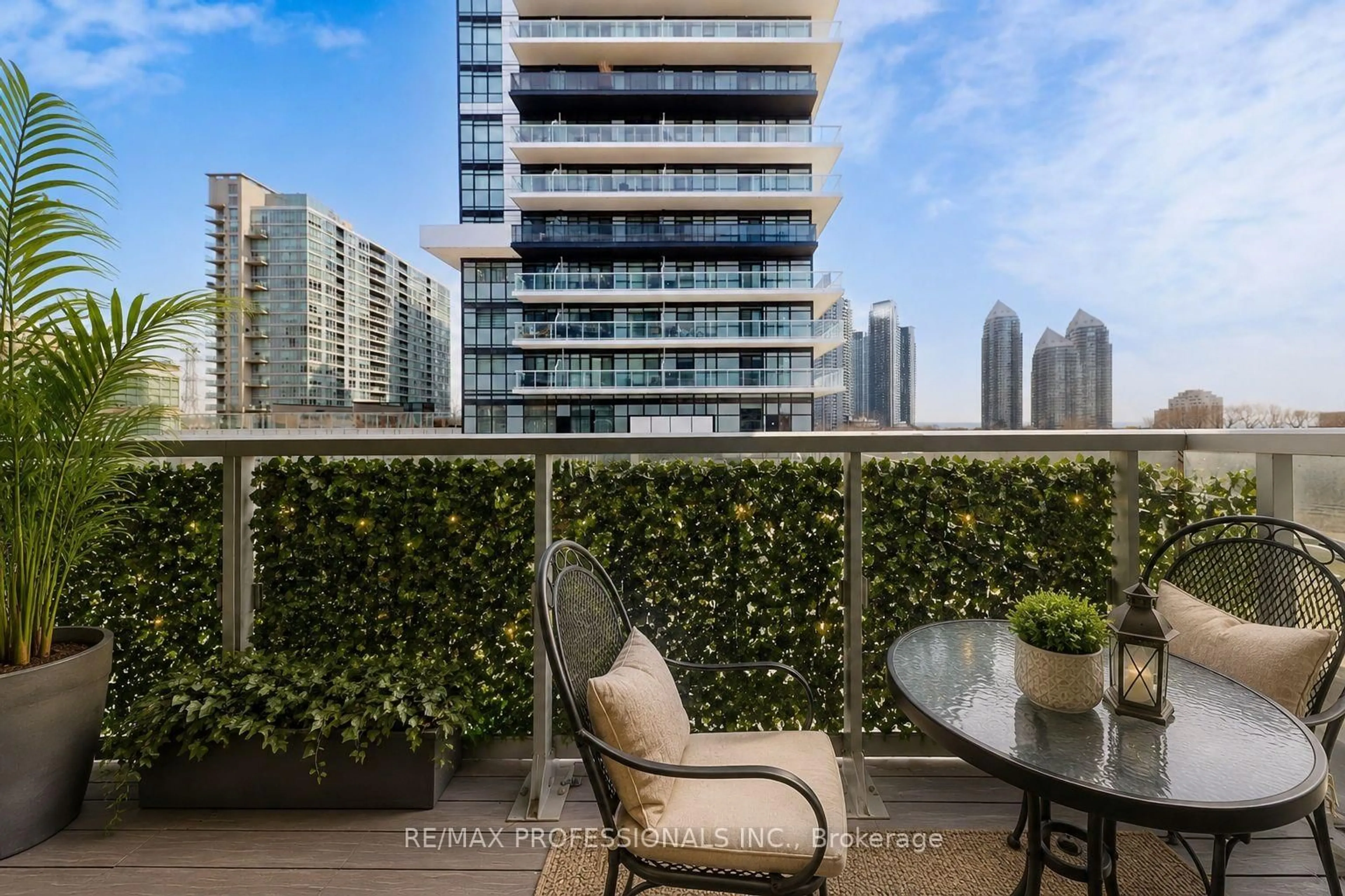 Balcony in the apartment, city buildings view from balcony for 251 Manitoba St #504, Toronto Ontario M8Y 0C7