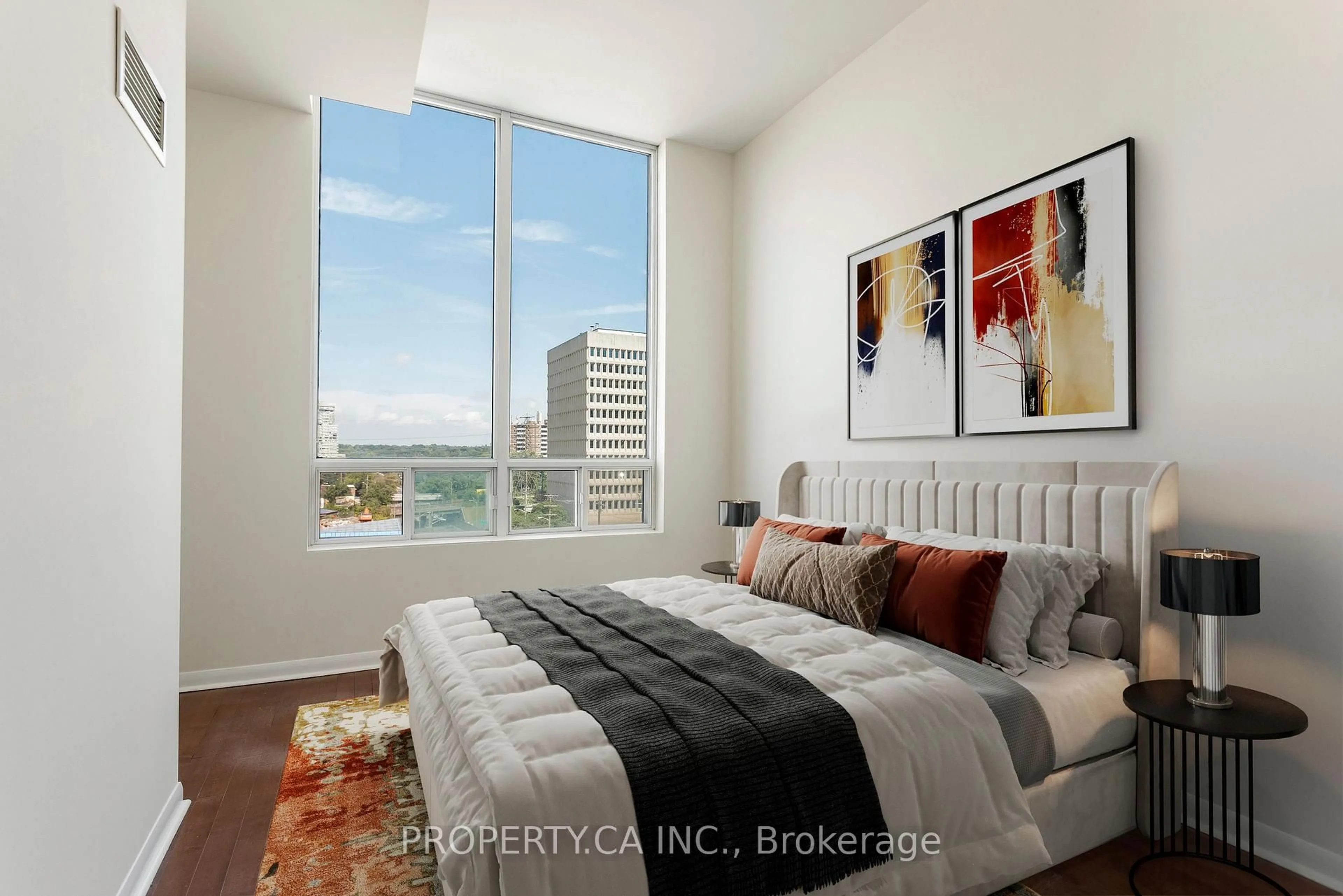 Bedroom with bed, carpet floor for 3391 Bloor St #703, Toronto Ontario M8X 1G3