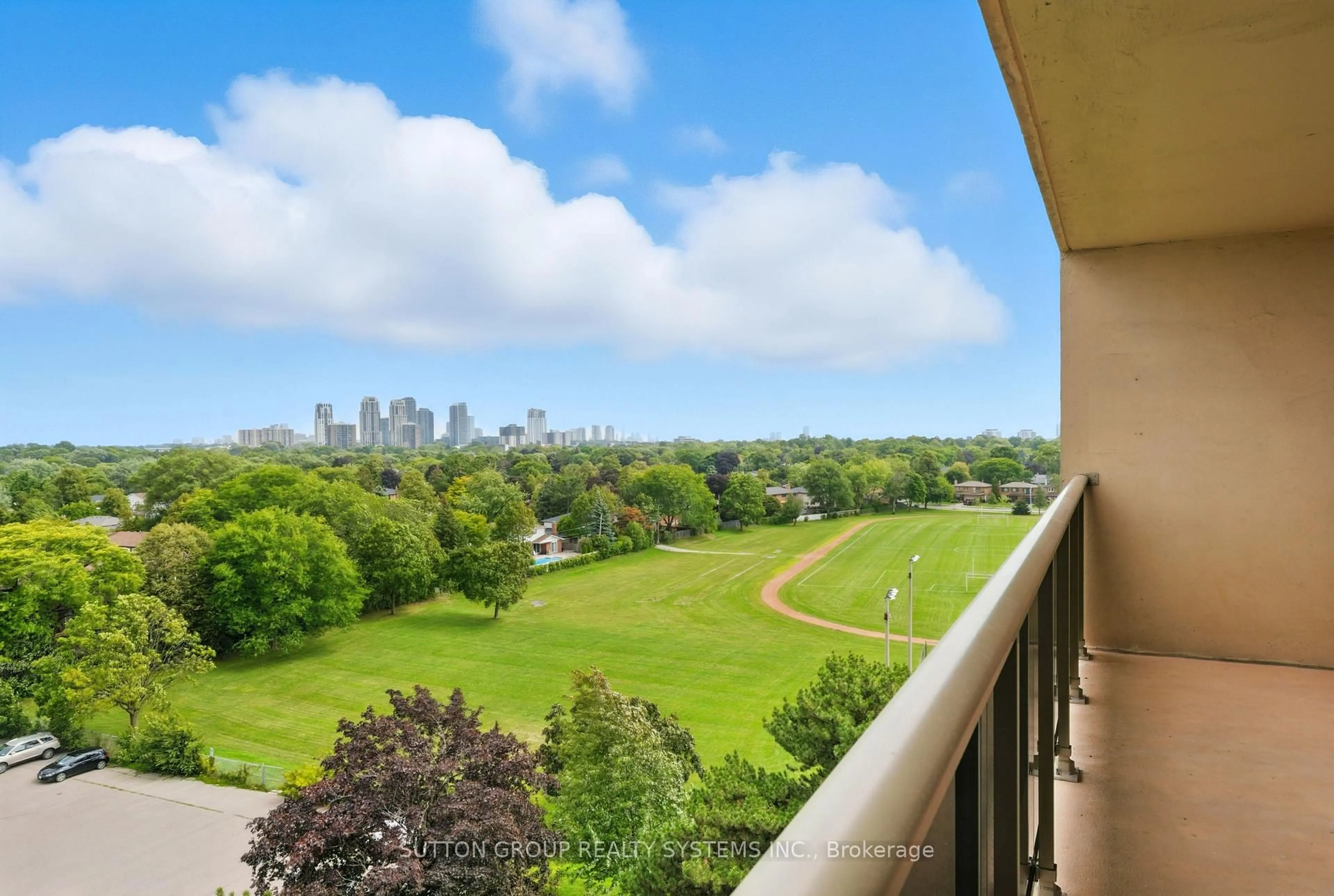 Balcony in the apartment, city buildings view from balcony for 812 Burnhamthorpe Rd #1504, Toronto Ontario M9C 4W1