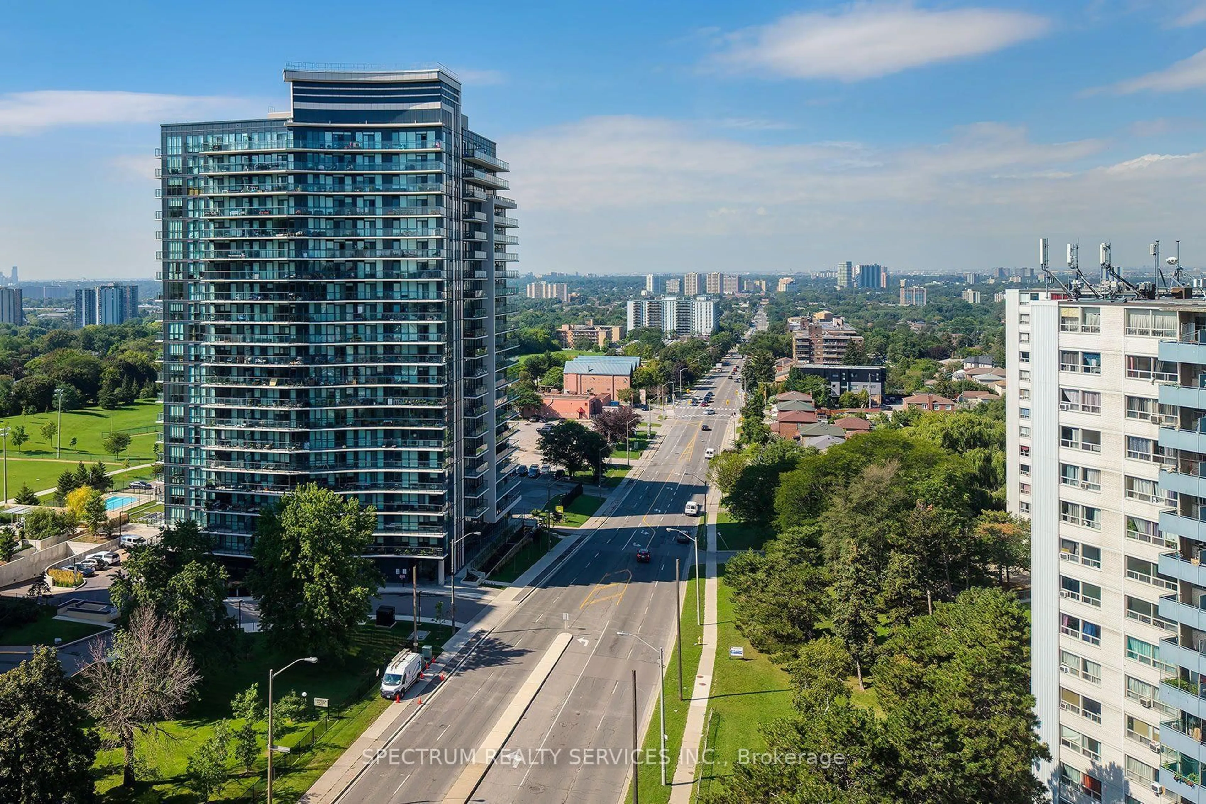 A pic from outside/outdoor area/front of a property/back of a property/a pic from drone, city buildings view from balcony for 1461 Lawrence Ave #307, Toronto Ontario M6L 0A6