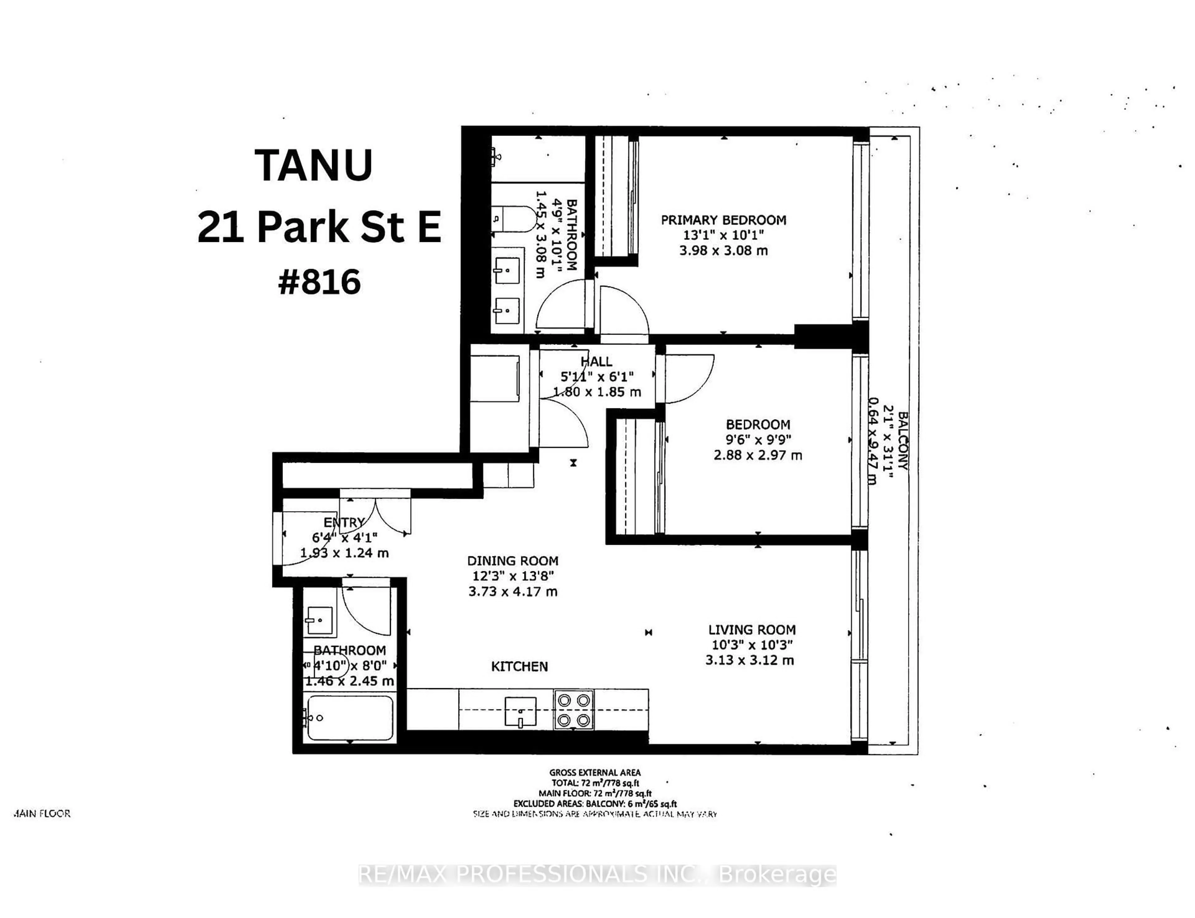Floor plan for 21 Park St #816, Mississauga Ontario L5G 1L6