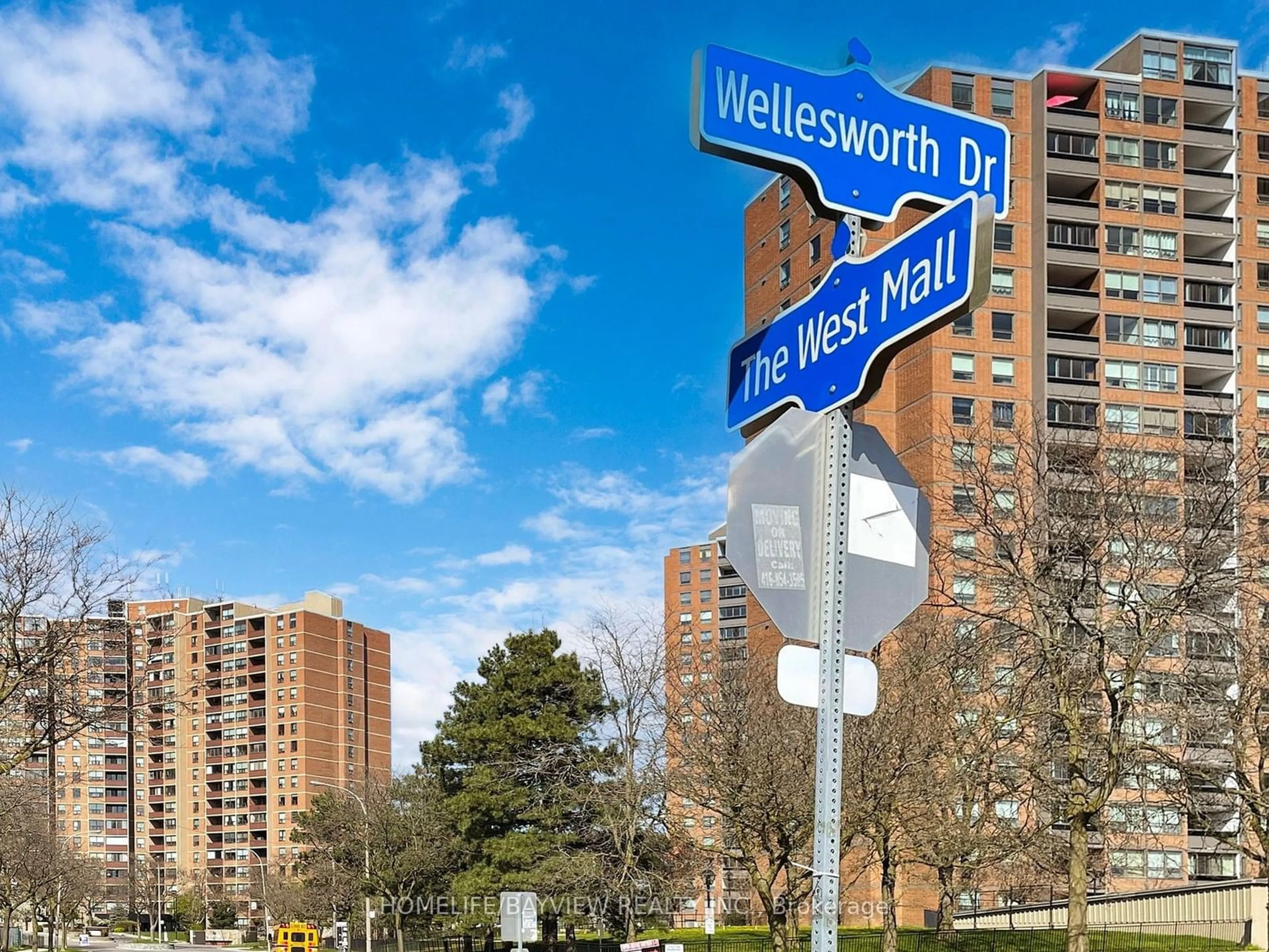 A pic from exterior of the house or condo, the street view for 714 The West Mall #1411, Toronto Ontario M9C 4X1