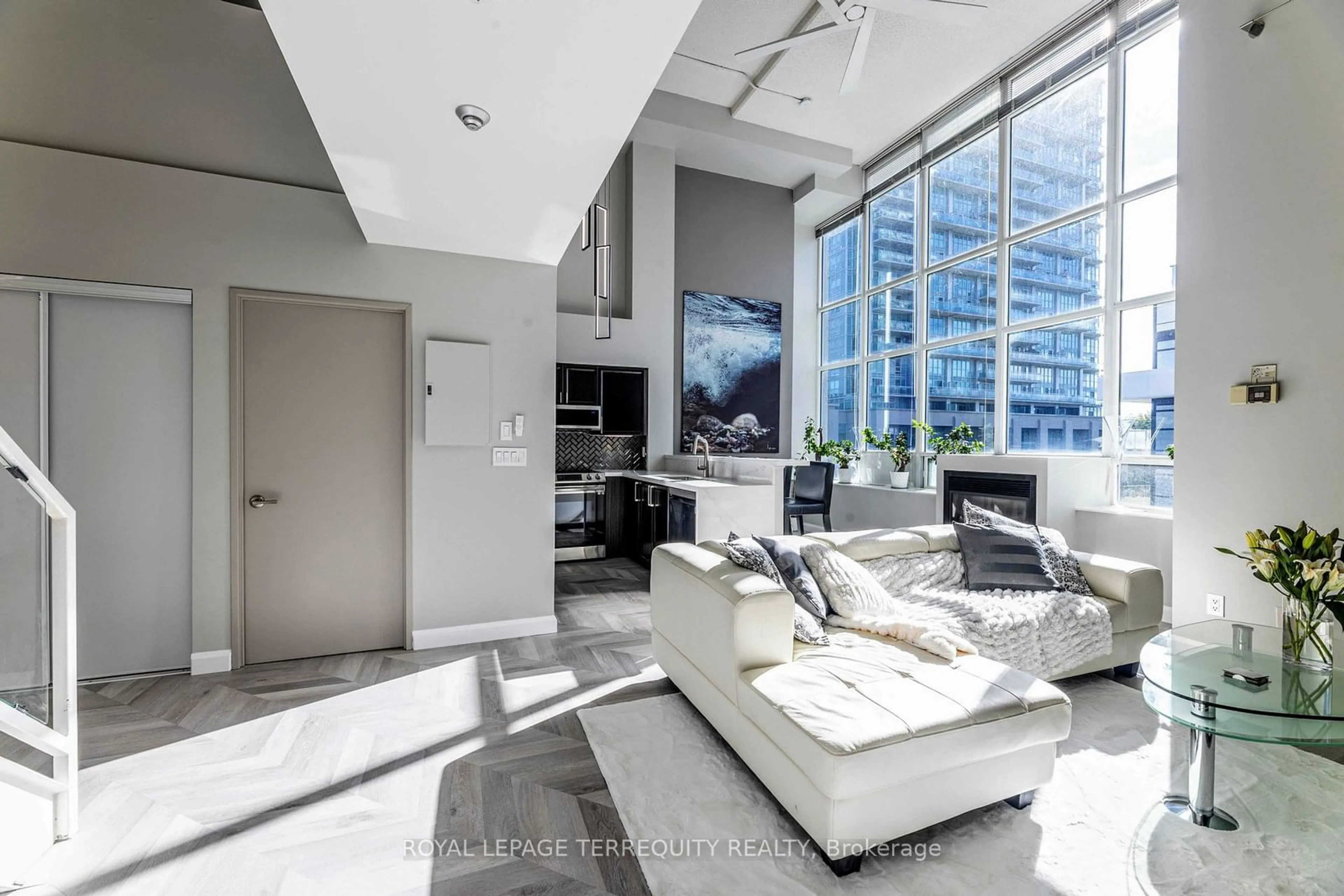 Living room, wood floors for 300 Manitoba St #210, Toronto Ontario M8Y 4G6