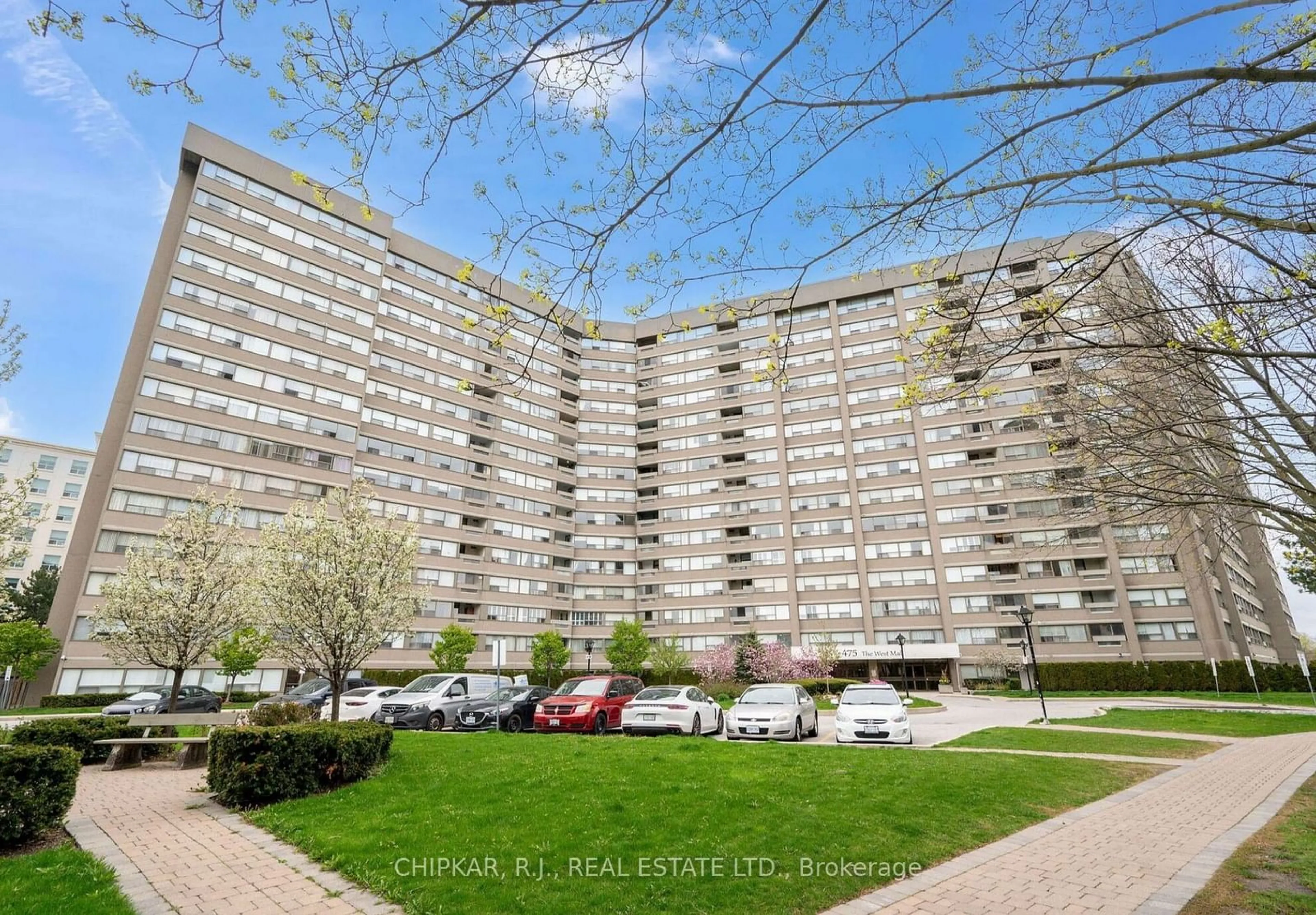 A pic from exterior of the house or condo, the street view for 475 The West Mall #516, Toronto Ontario M9C 4Z3