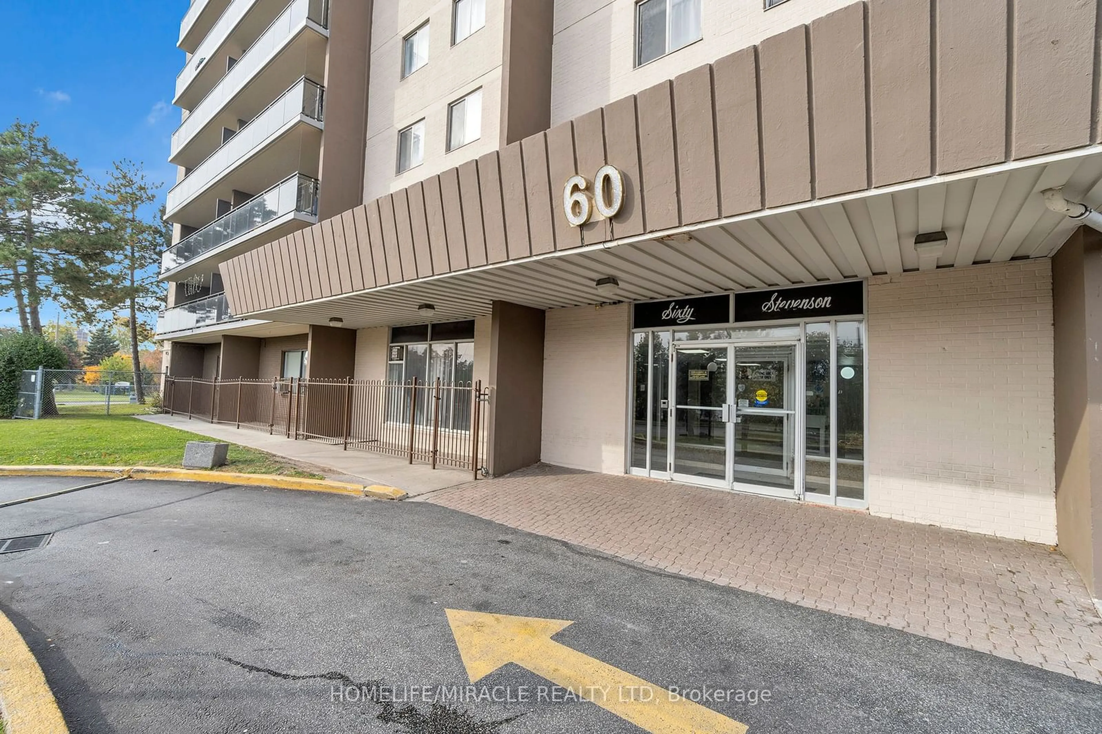 A pic from exterior of the house or condo, the front or back of building for 60 Stevenson Rd #302, Toronto Ontario M9V 2B4