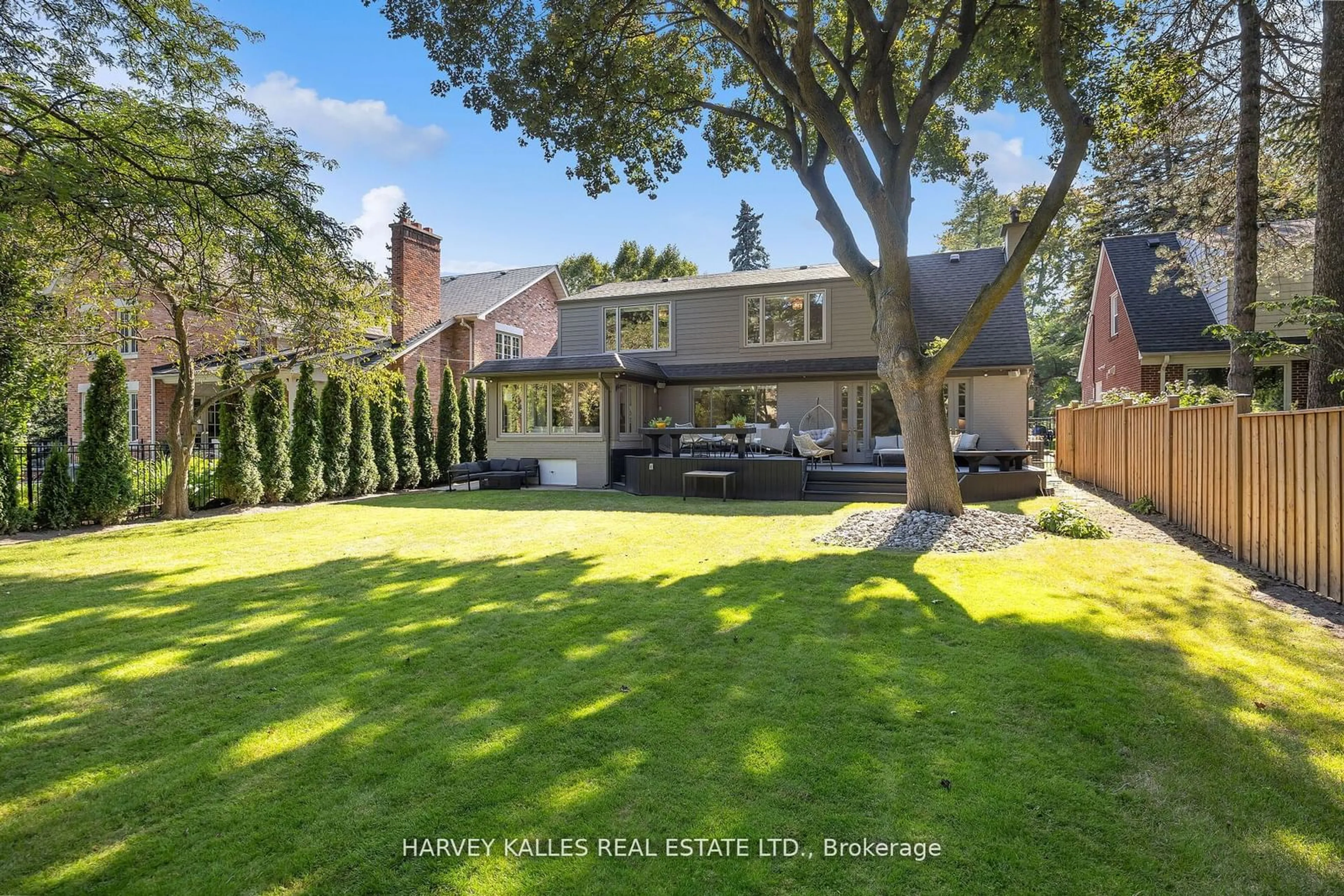 Frontside or backside of a home, the fenced backyard for 59 Edgevalley Dr, Toronto Ontario M9A 4P2